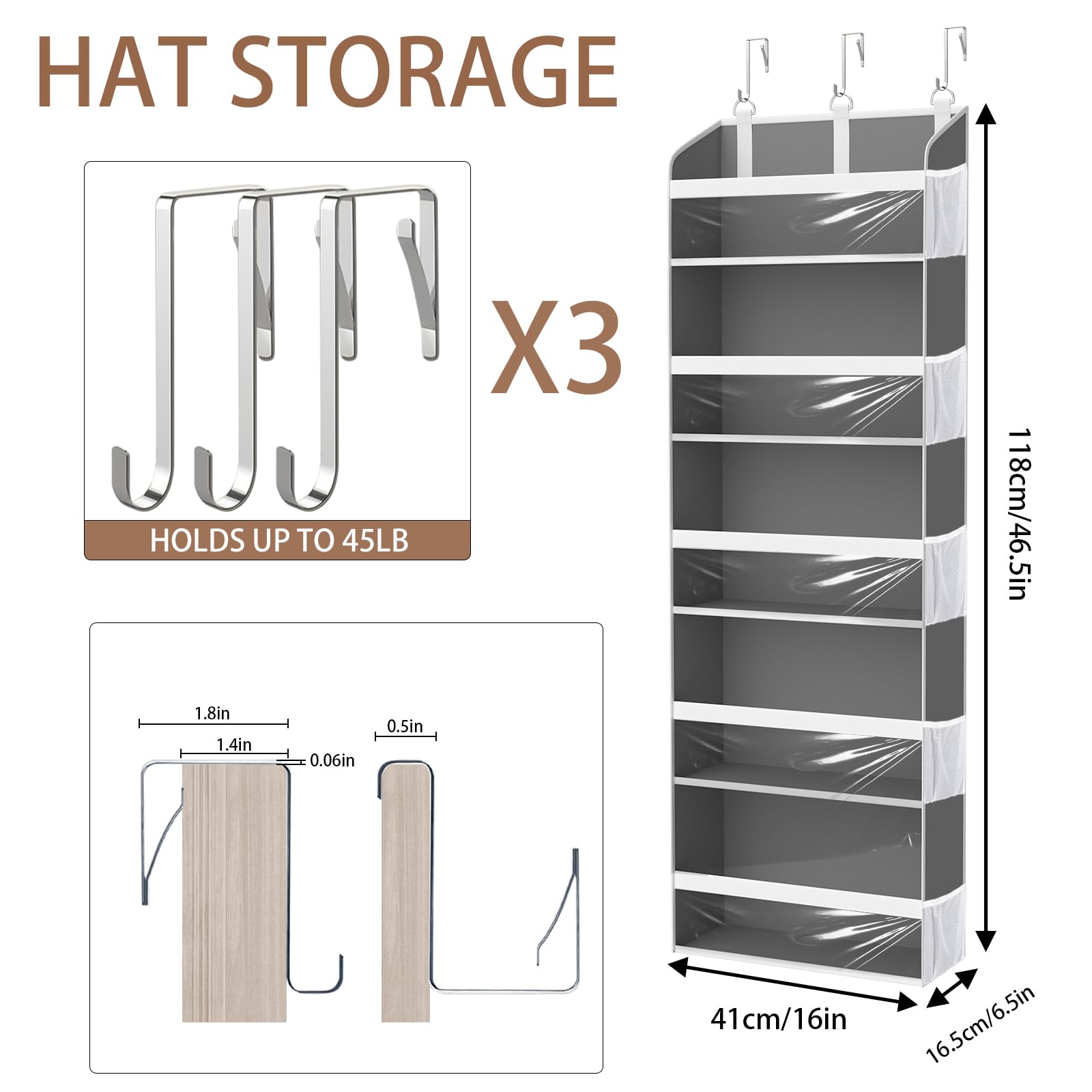 Kyevis Over The Door Hat Organizer For Baseball Caps, Hold Up To 60 Hats Rack Storage For Door/Closet/Wall, Clear Pockets Hangin