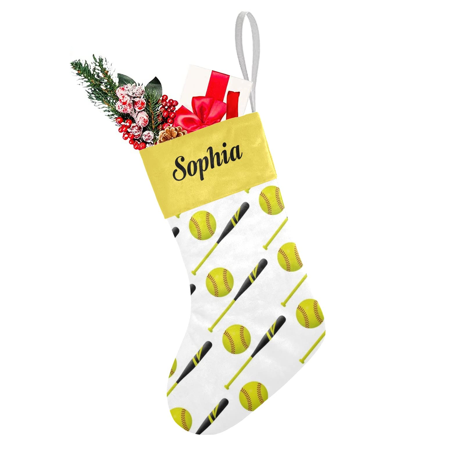 Yellow Softball Christmas Stockings Custom Name Party Family Decor Festive Santa Candy Gift Bag Socks 17.52 x 7.87 Inch