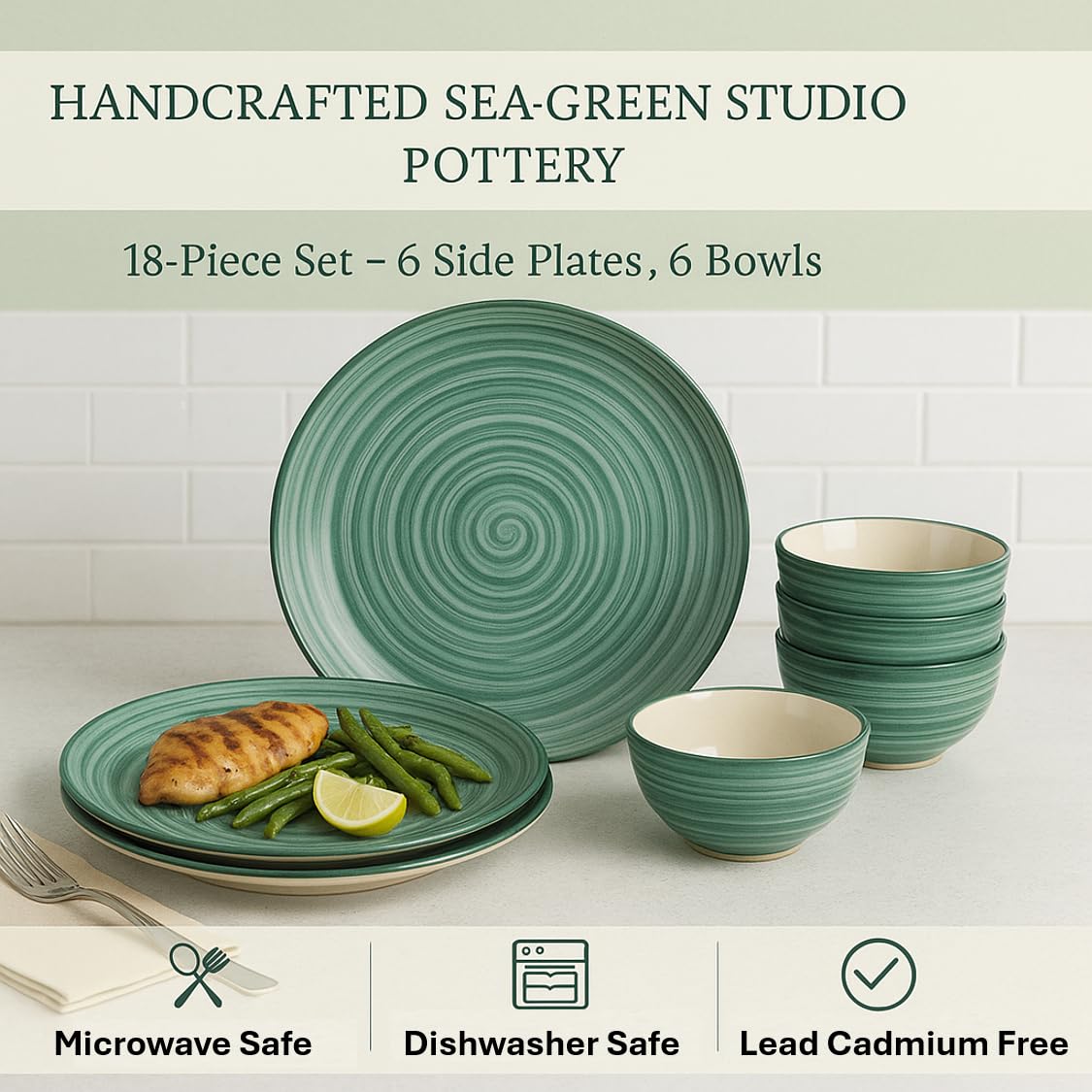 Artysta Sea Swirls Ceramic Dinner Set Of 18 Piece | 6 Ceramic Dinner Plate, 6 Quarter Plate And 6 Bowl Set | Handcrafted Stone