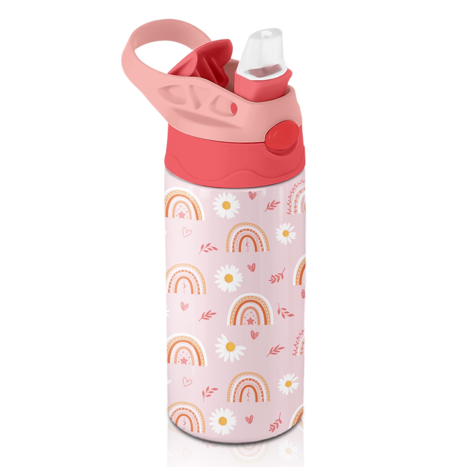 Daisy Water Bottle for Women - 12oz Pink Water Bottle with Straw, Rainbow Stainless Steel Tumbler, Insulated, Leak-proof, BPA-fr