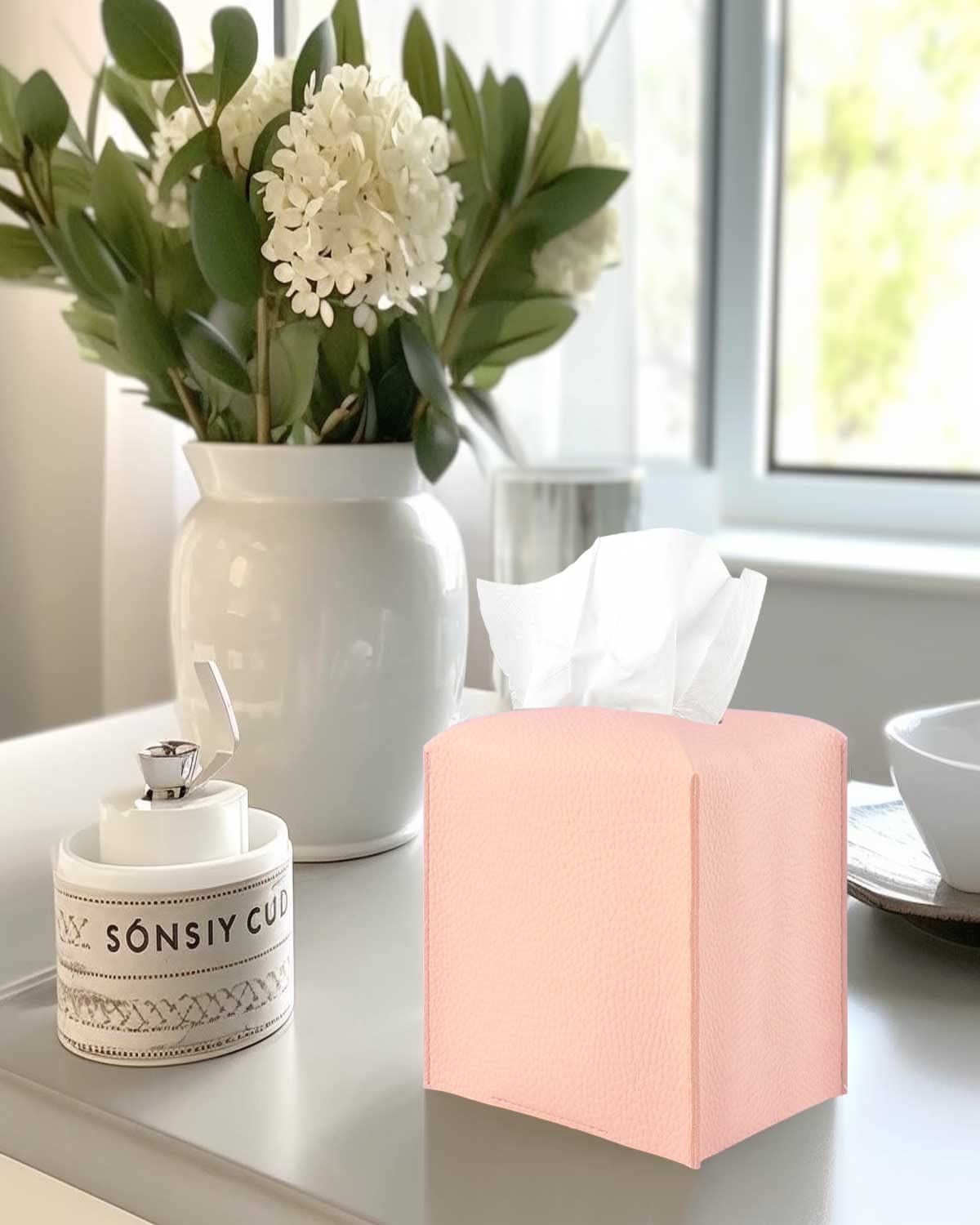Pink Tissue Box Cover Leather - With Bottom Belt [Jesmini] Decorative Modern Pu Leather Tissue Box Holder For Bathroom Vanity/Ni