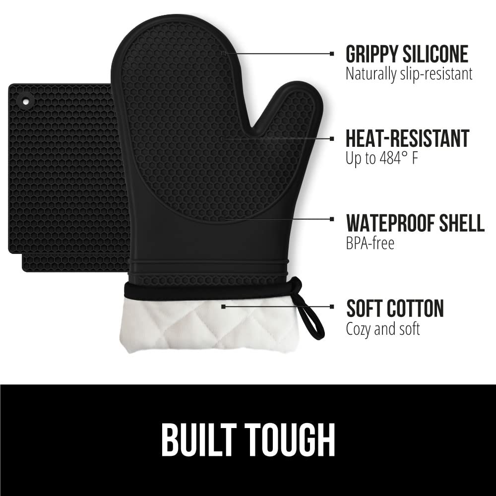 Gorilla Grip Heat And Slip Resistant 4 Piece Silicone Oven Mitt And Trivets Set, Waterproof, Cotton Lined Gloves, Bpa-Free, Long