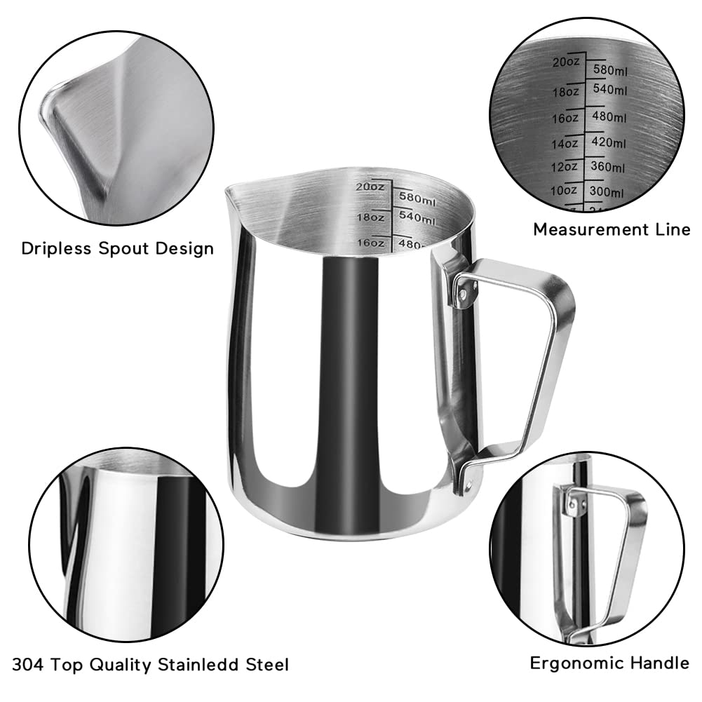 Stainless Steel Milk Frothing Pitcher Cappuccino Pitcher Pouring Jug Espresso Cup Creamer Cup For Latte Art, 20 Ounce (600 Ml)