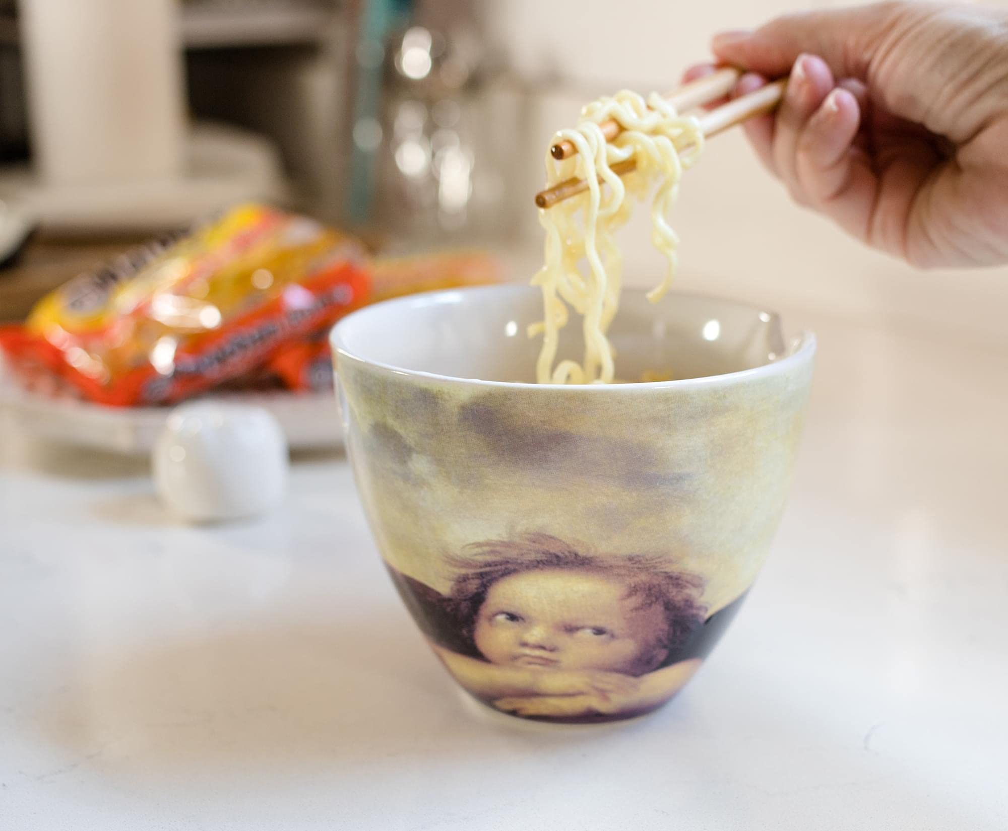 Bowl Bop Cherub Fine Art Japanese Ceramic Dinnerware Set | Includes 16-Ounce Ramen Noodle Bowl And Wooden Chopsticks | Asian Foo