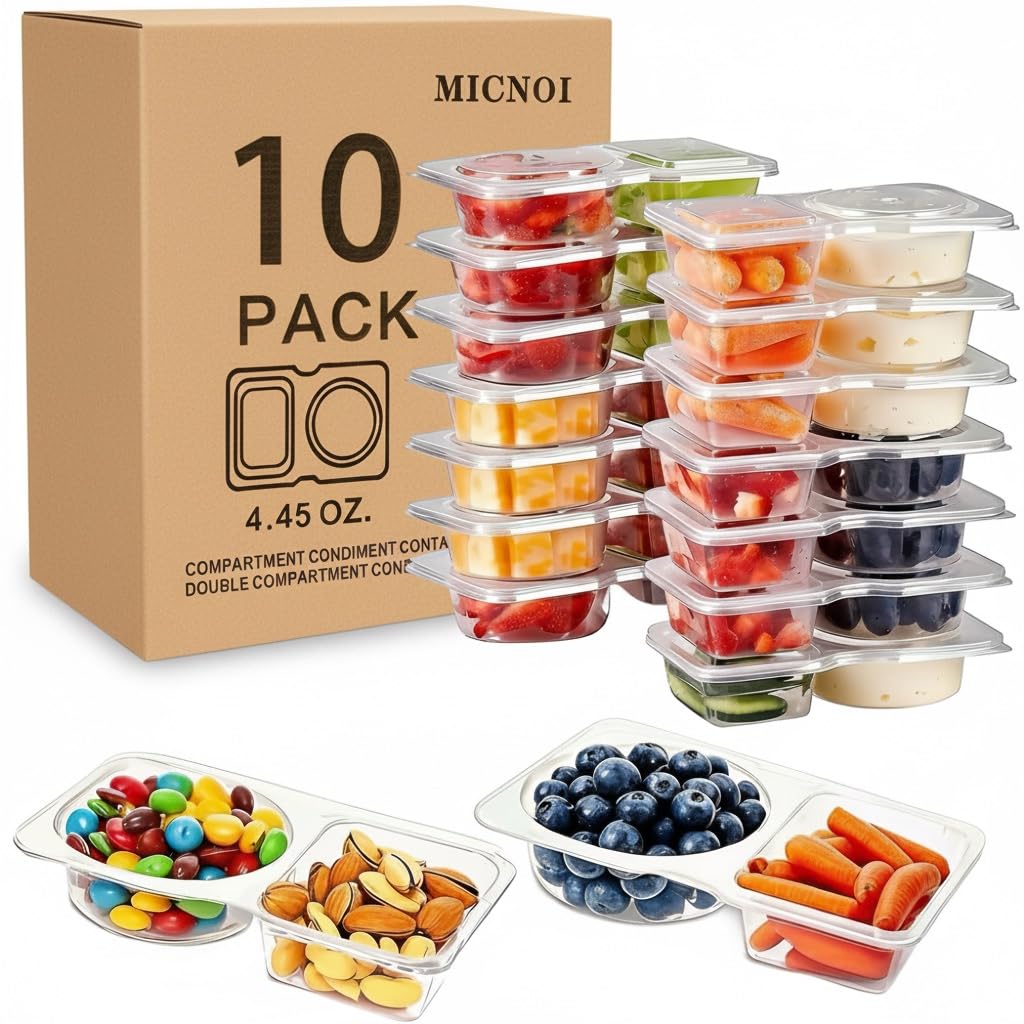 Micnoi 10 Pack Snack Containers, Reusable 2 Compartment Condiment Containers With Lids, Ideal For On-The-Go Mini Sauce Boxes & L