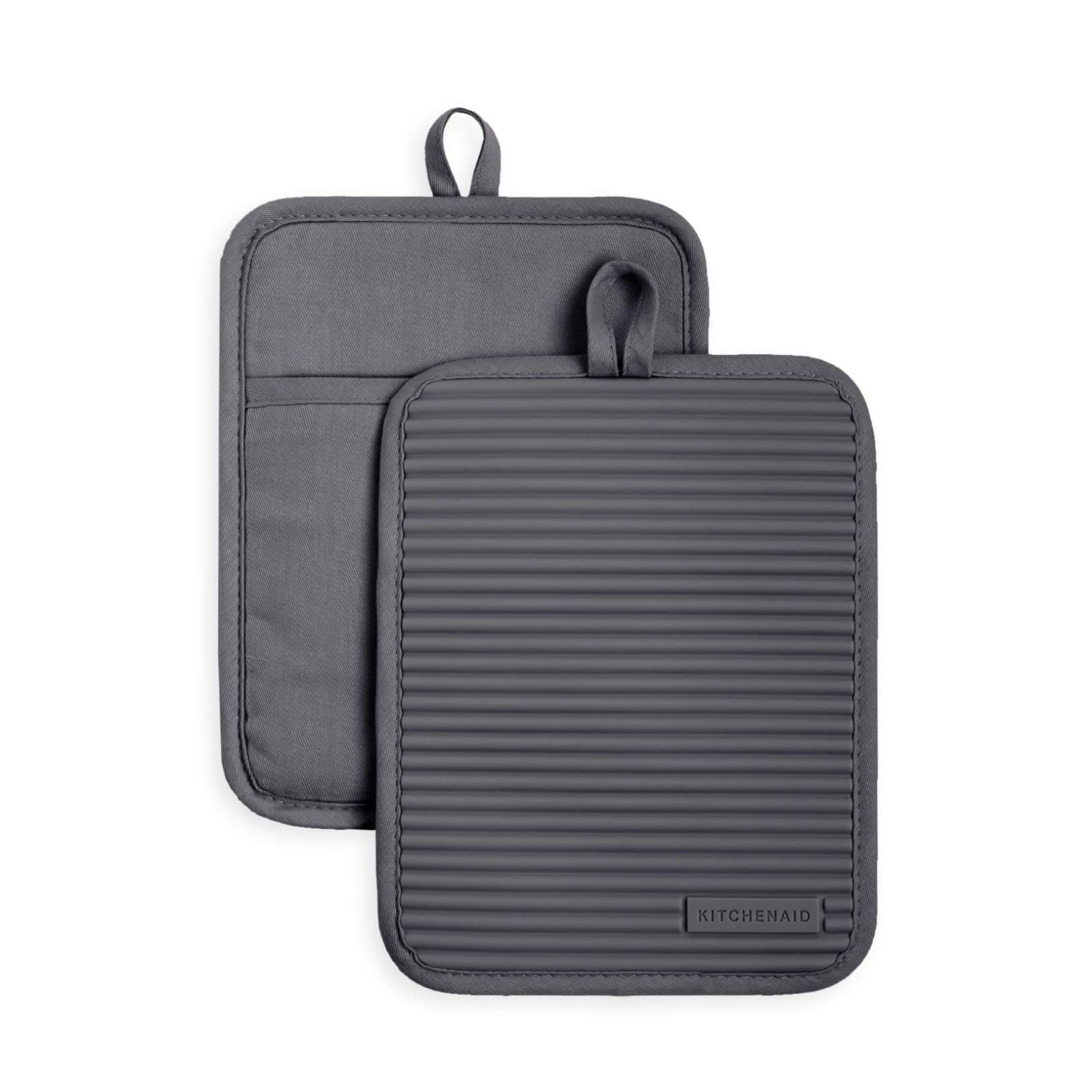 KitchenAid Ribbed Soft Silicone Pot Holder Set, Charcoal Grey 7x9