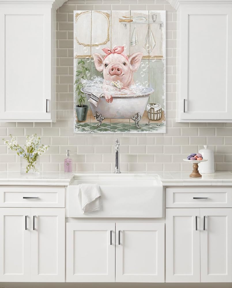 Pink Pig Bathroom Wall Art Pink Bathroom Decor Cute Animal Framed For Bedroom Living Room Kitchen And Kids Bathroom(16''X24''X1