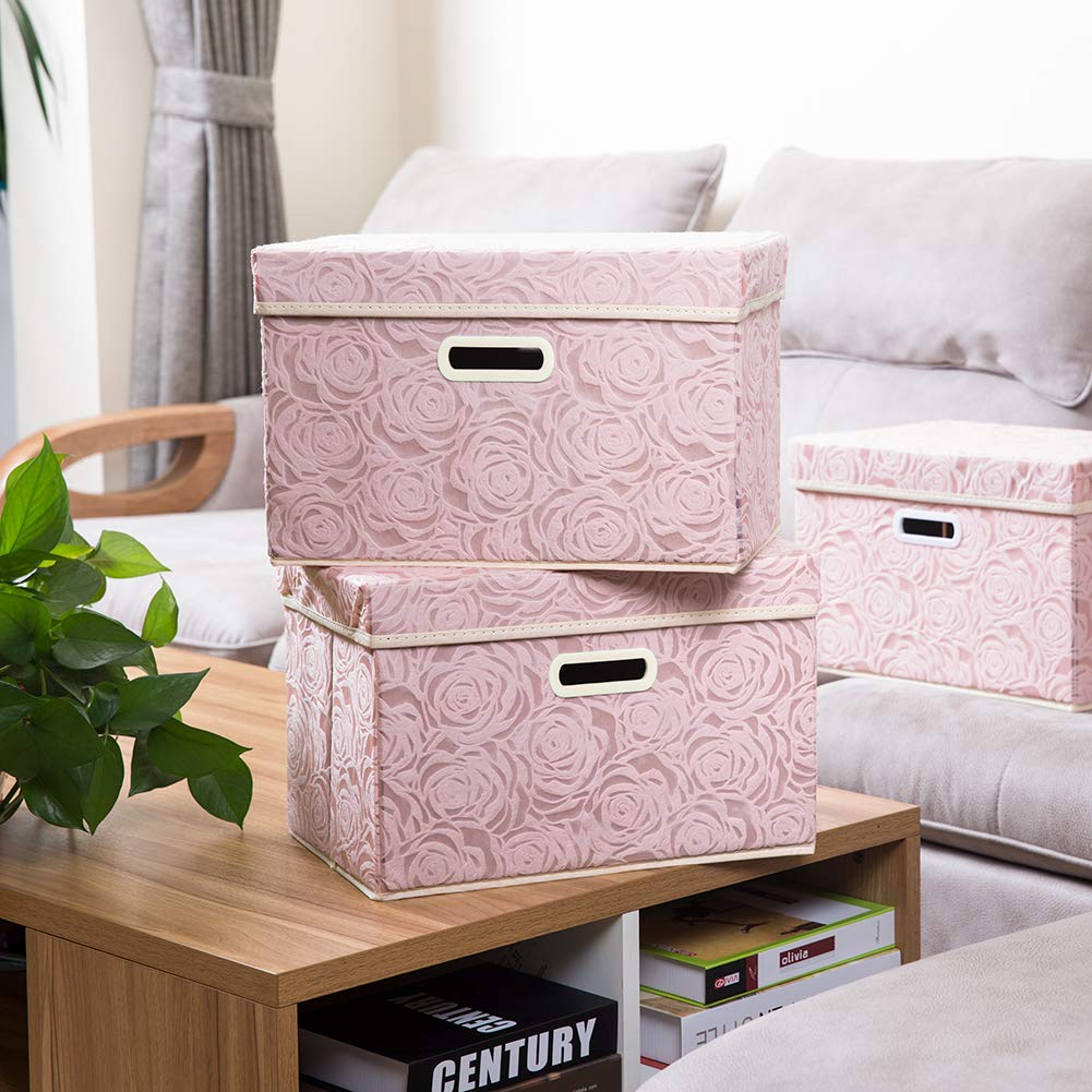 Prandom Collapsible Storage Boxes With Lids Fabric Decorative Storage Bins Cubes Organizer Containers Baskets With Cover Handles