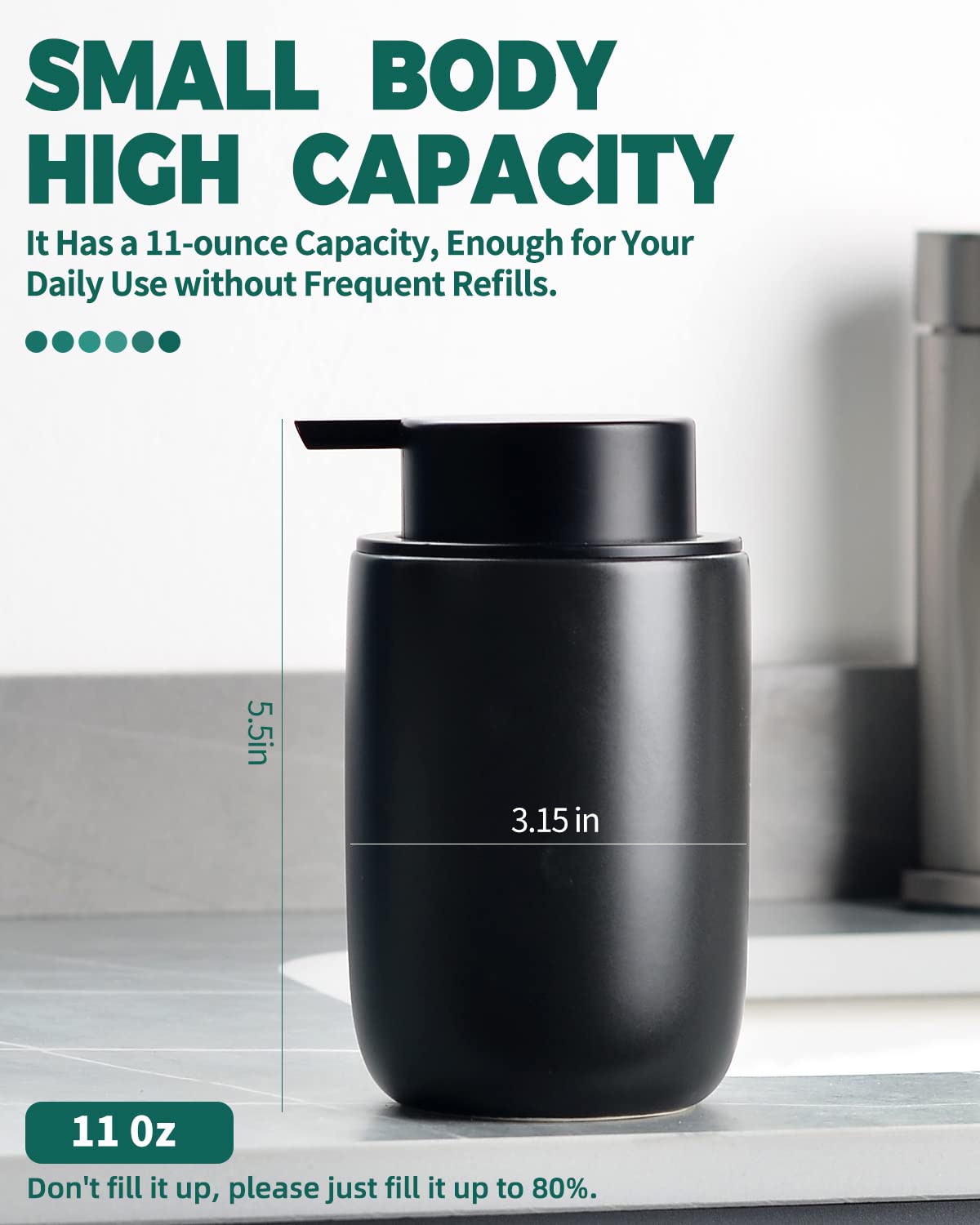 BosilunLife Black Foam Soap Dispenser - Ceramic Foaming Hand Soap Dispenser for Bathroom Modern Farmhouse Small Soap Dispenser Lotion Hand Pump Dispenser for Kitchen Sink