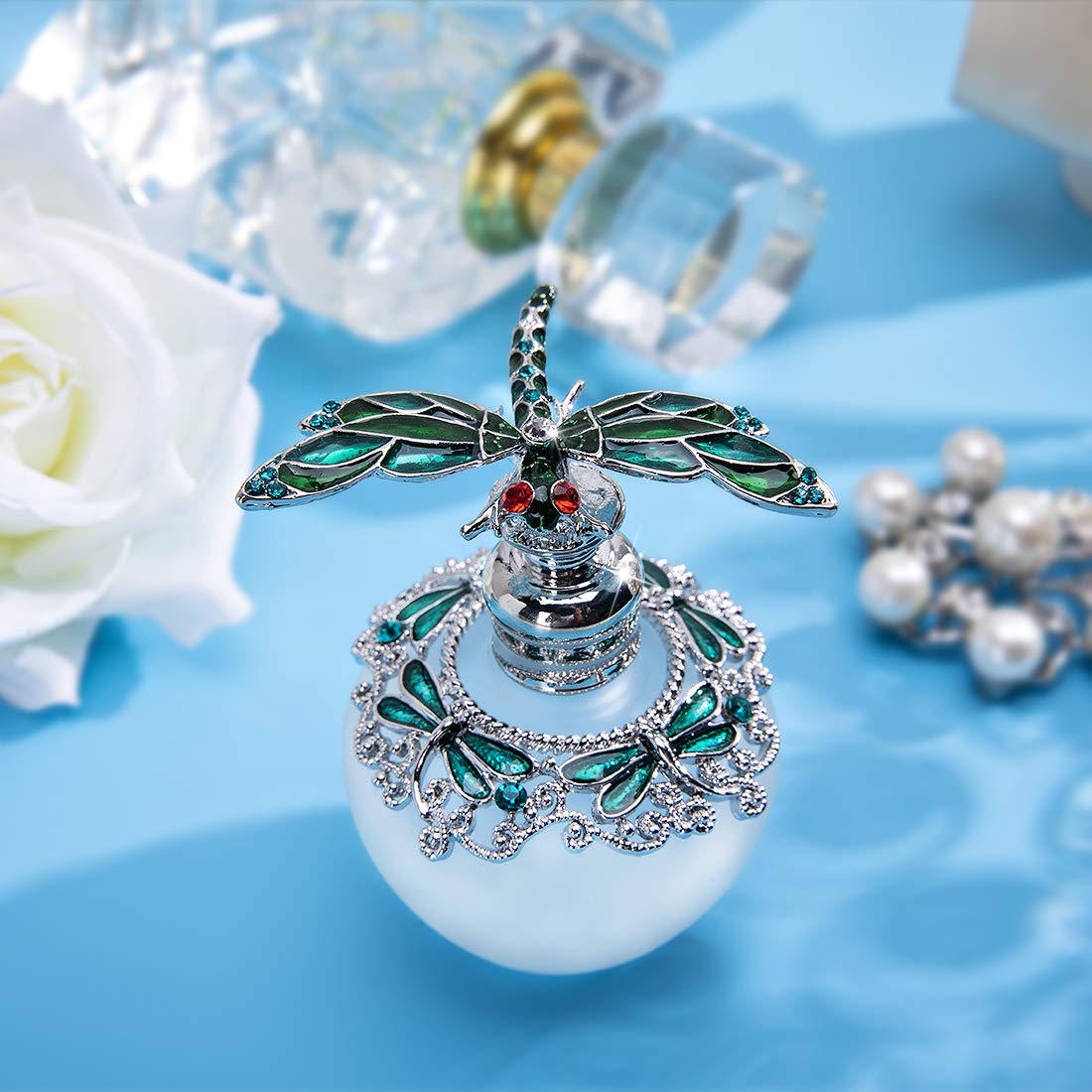 40ml Fancy Empty Crystal Perfume Bottle with Green Dragonfly Stopper Rhinestones Bejewelled Refillable Glass Bottle Containers