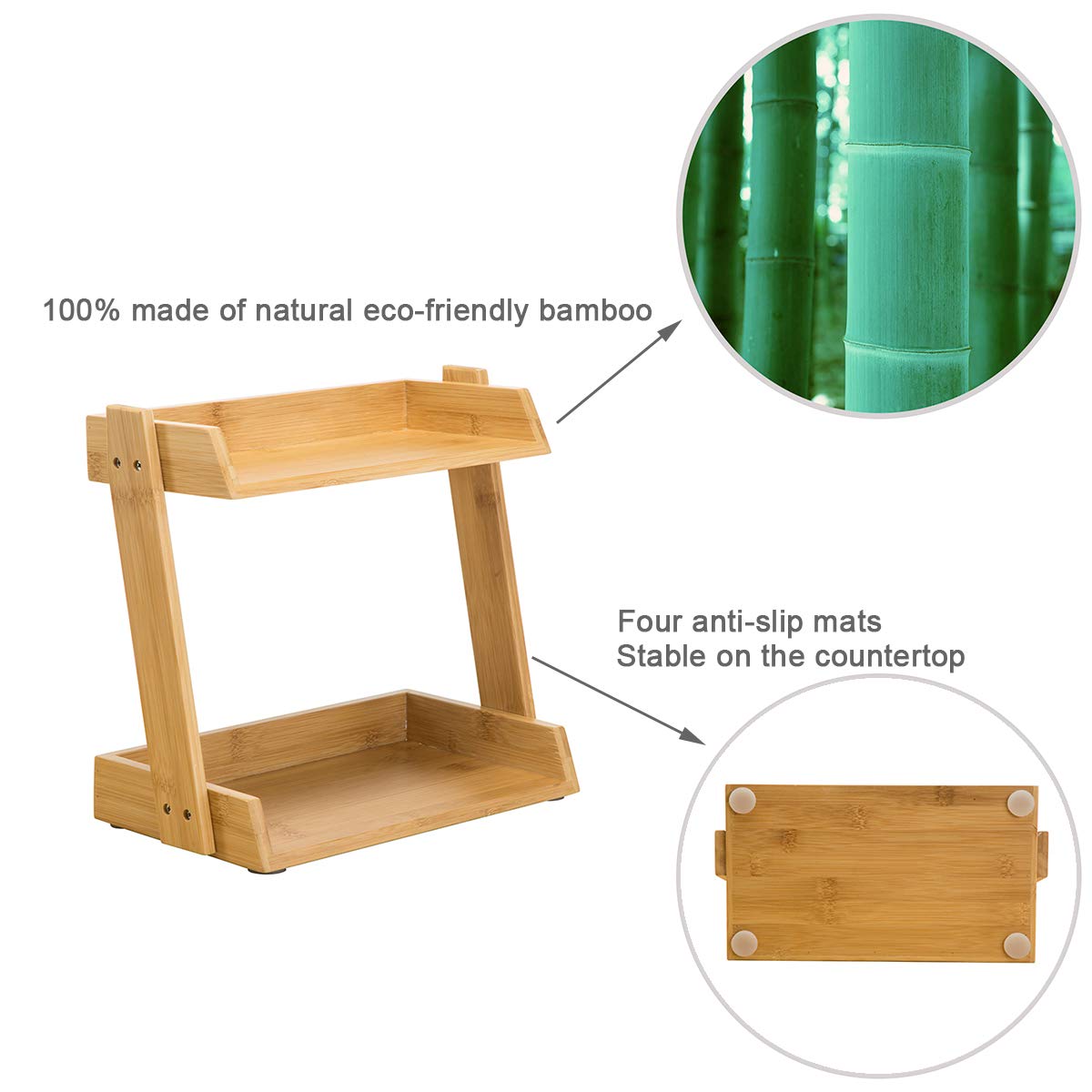 GOBAM Spice Rack Organizer 2-Tier Kitchen Countertop Cabinet Storage Shelf, Assemble Quickly, Bamboo