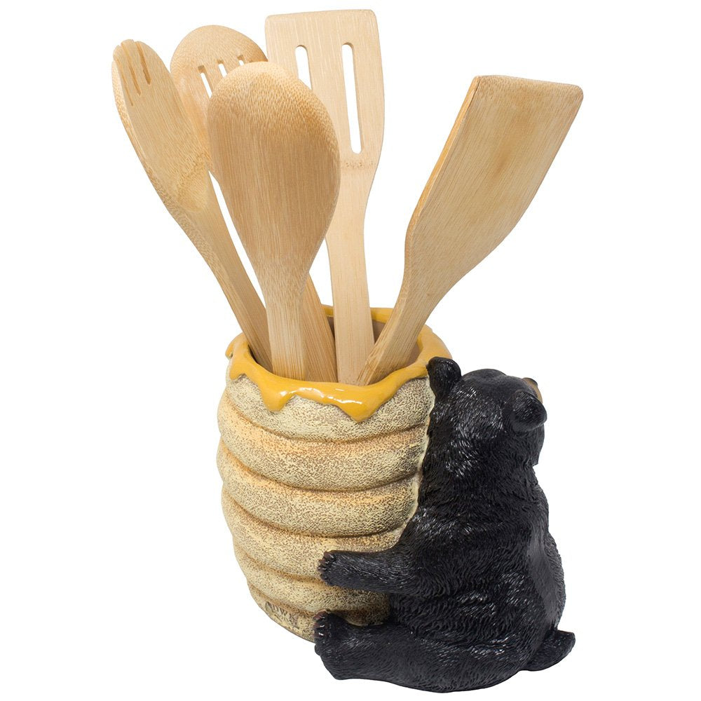 Decorative Black Bear In A Beehive Honey Pot Countertop Utensil Holder Crock Display Stand Table Statue For Cabin Or Rustic Lodg