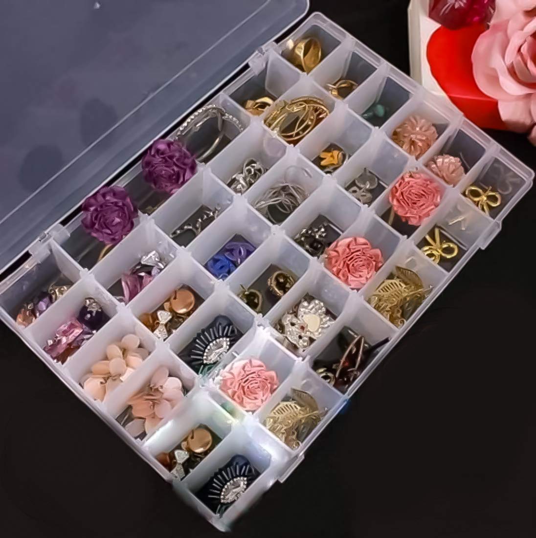 LEAWALL Plastic 36 Grid Cells Multicolorpurpose Jewelry Organizer Rectangular Storage Box, with Adjustable Dividers, Transparent
