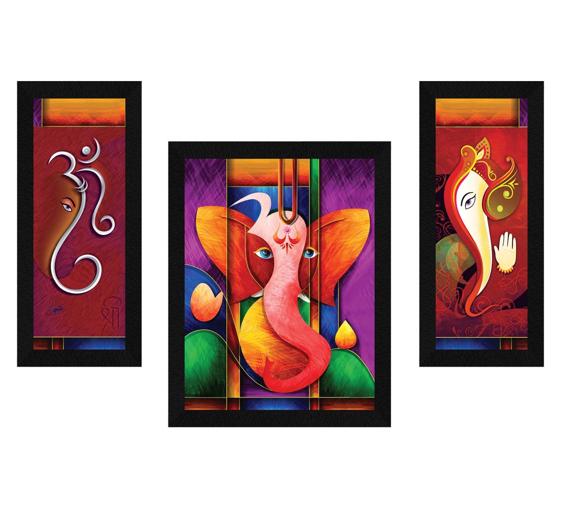 ArtX Paper God Ganesha/Ganpati Ji Multicolor Photo Frame Wall Art Painting, Multicolor, Abstract, 13.0 X 22.0 Inches, Set of 3
