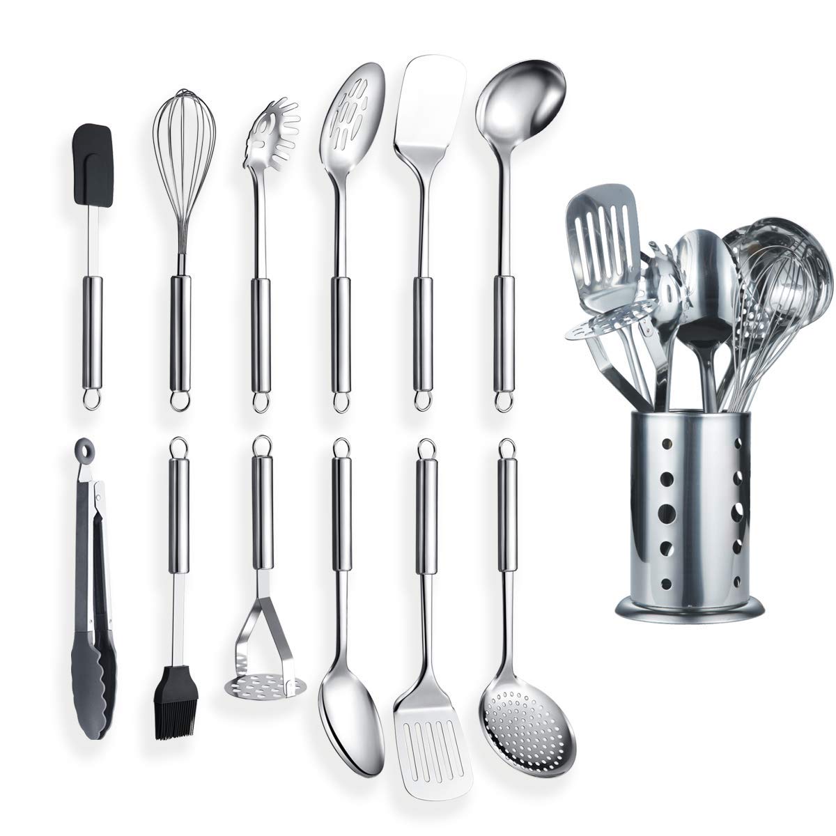 Berglander Cooking Utensil Set 13 Piece Stainless Steel Kitchen Tool Set With Holder, Include Cooking Spoon, Spatula, Whisk, Coo
