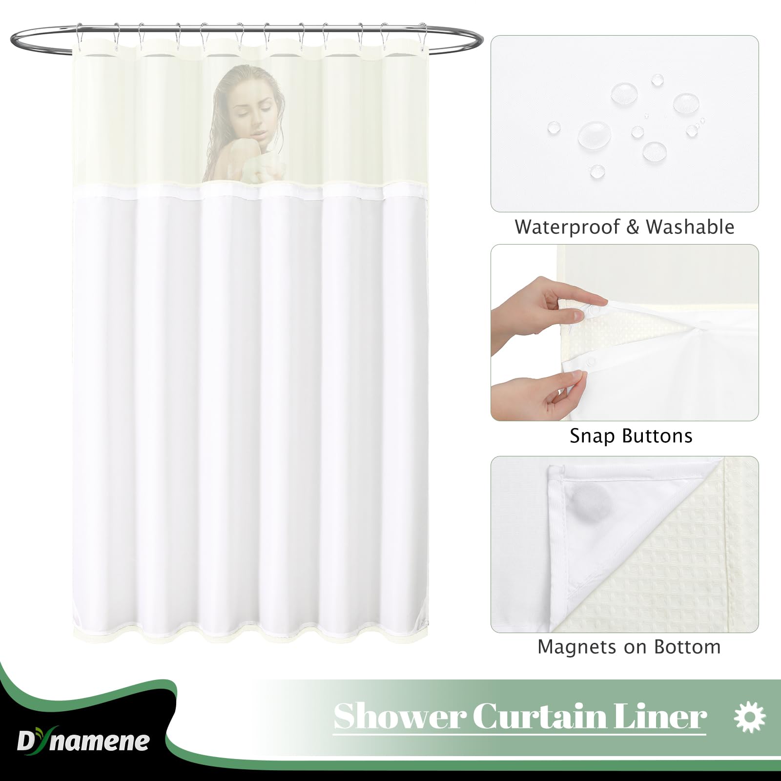 Dynamene Fabric Shower Curtain With Snap In Liner, Cream Waffle Hotel Shower Curtains For Bathroom, Washable Waterproof Cloth Sh