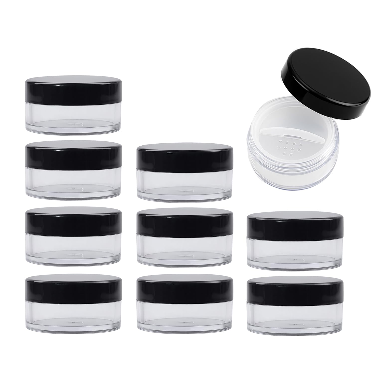 10Packs 10g Empty Loose Powder Container with Sifter Clear Plastic Jar with Black Lid Refillable Travel Makeup Case for Loose Ma
