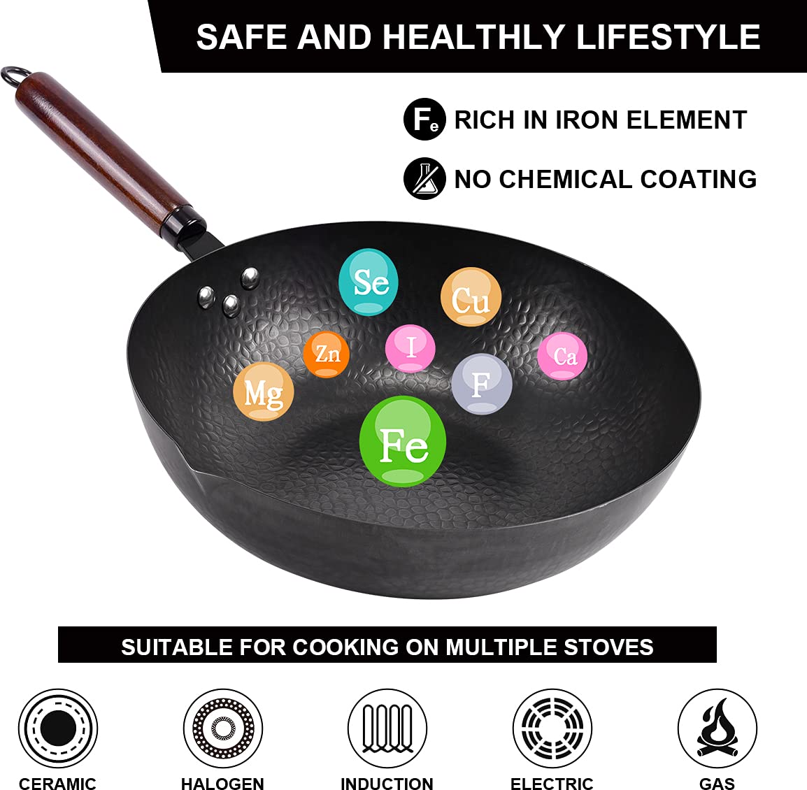 Leidawn 12.8" Carbon Steel Wok with Lid, 11-Piece Set, Black - Non-Chemical Coated for Electric, Induction, Gas Stoves
