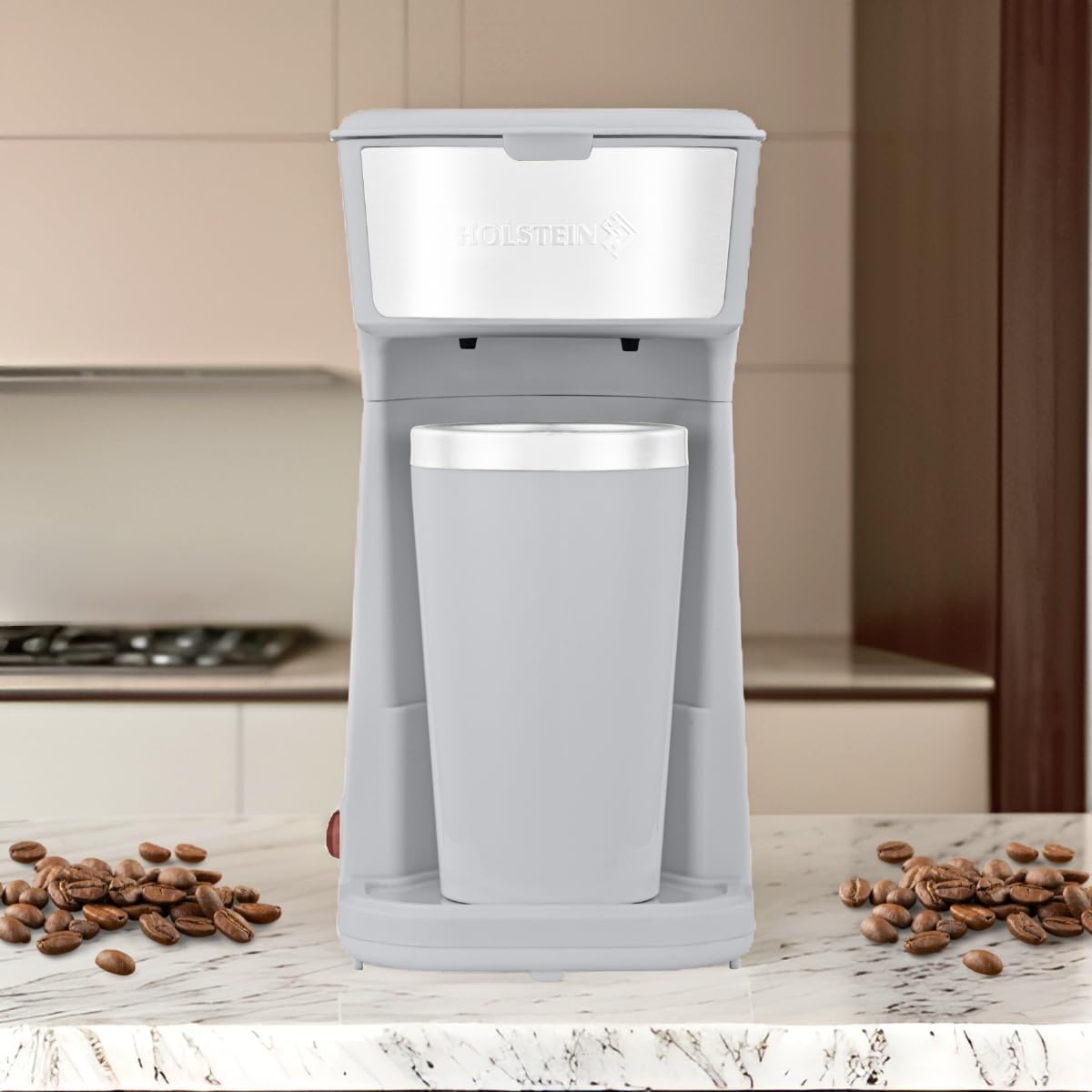 Holstein Housewares Single Serve Coffee Maker, 14oz Personal Brewer with Reusable Filter, One Touch Operation, Grey