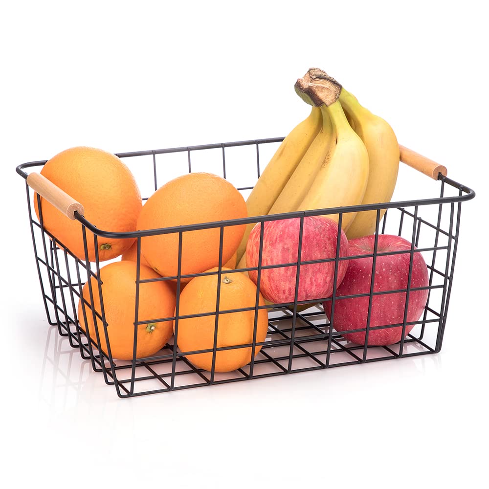 Lelecat Wire Baskets With Wooden Handles, Wire Storage Organizer Baskets , Household Refrigerator For Cabinets, Pantry, Closets,