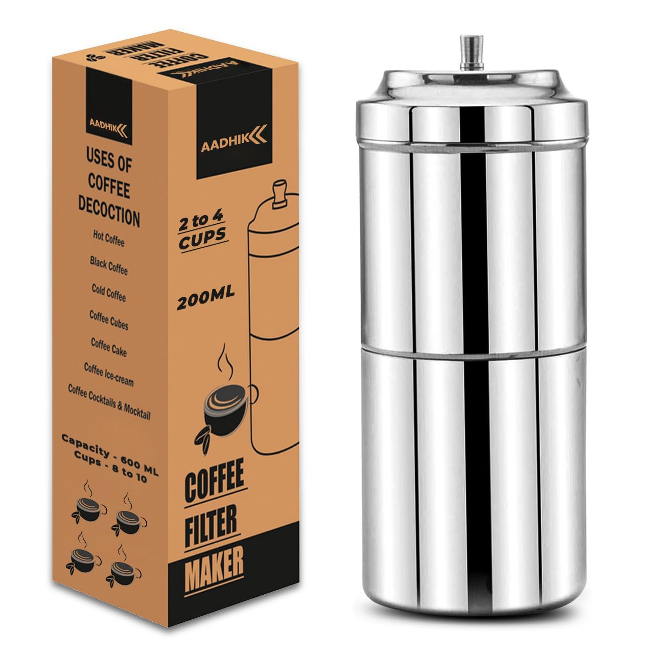 Aadhik Coffee Maker, 200Ml, 2 To 4 Cups,Filter Coffee Maker Stainless Steel,Coffee Decoction Maker For Home & Kitchen