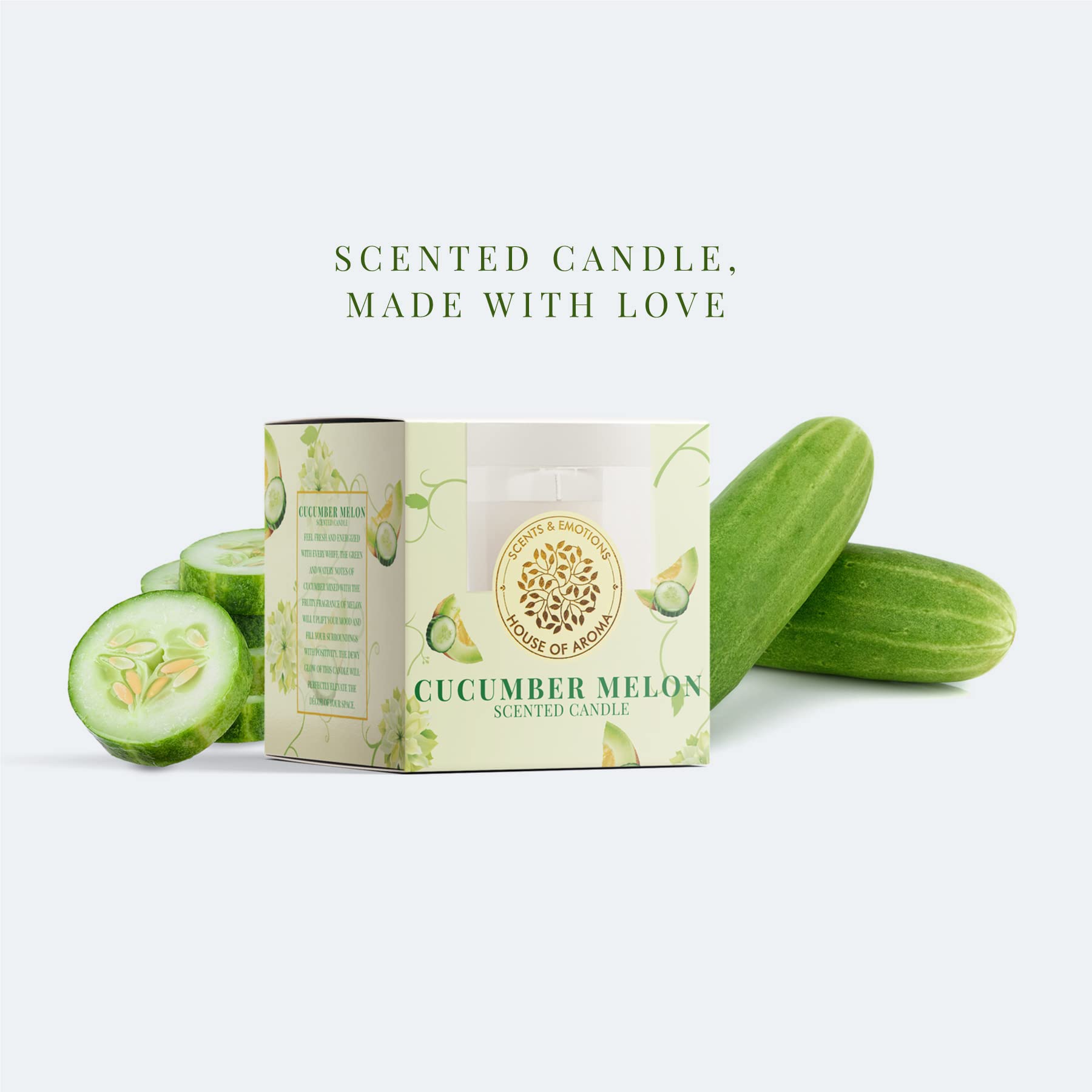 House of Aroma Cucumber Melon Scented Glass Candle Made of Beeswax, Paraffin Wax & Aromatic Oils, Burns Up to 10-12 Hours| Fragr