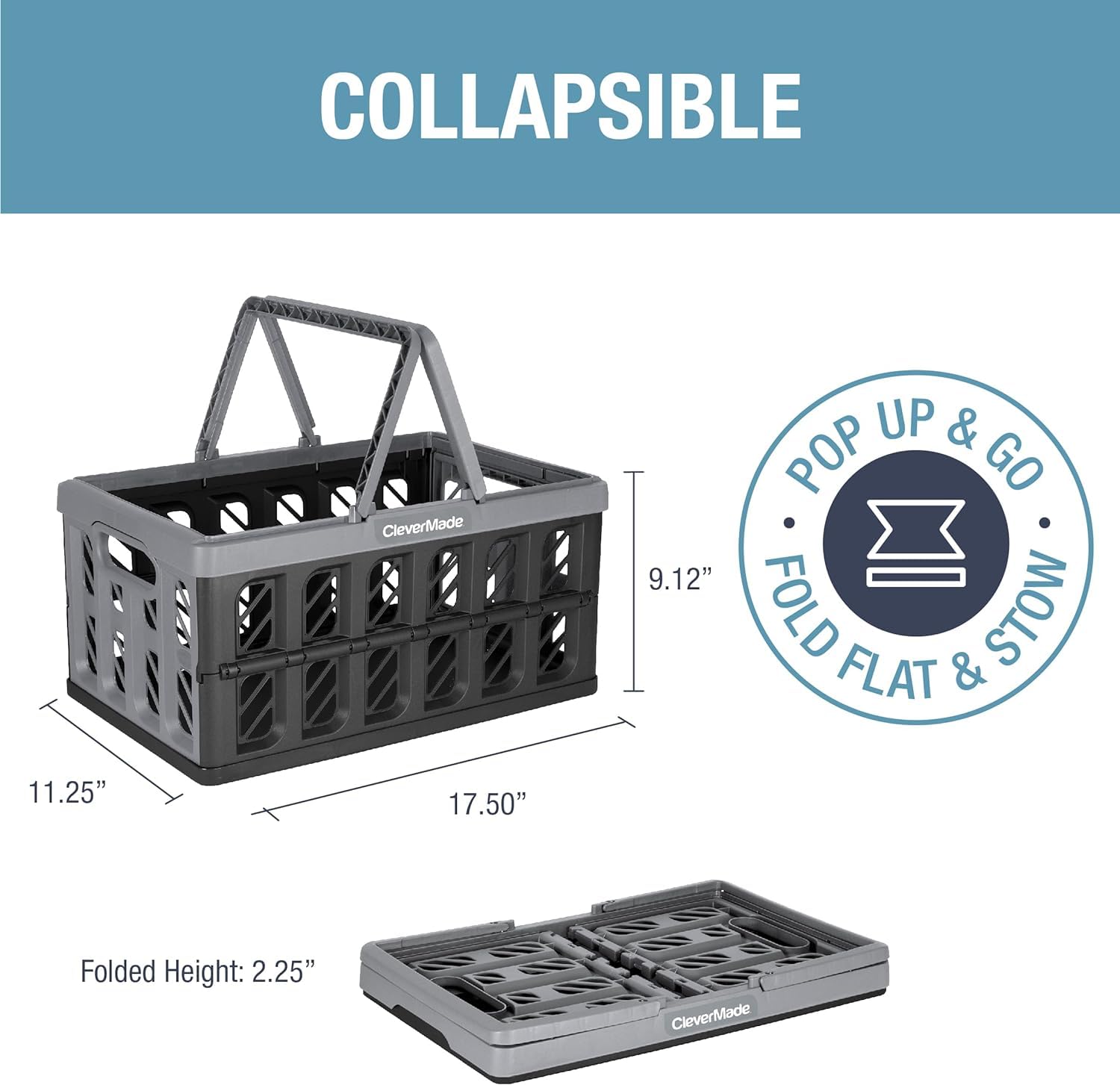 Clevermade Eco 24L Collapsible Reusable Plastic Grocery Shopping Baskets Small Foldable Storage Crates With Handles, 3 Pack, Sto