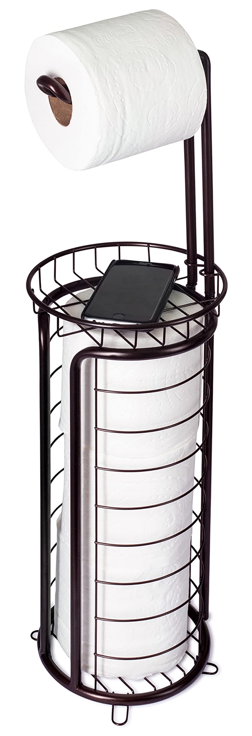 Free Standing Toilet Tissue Paper Roll Holder Stand Dispenser - Bathroom Organizer With Storage Shelf - Bronze