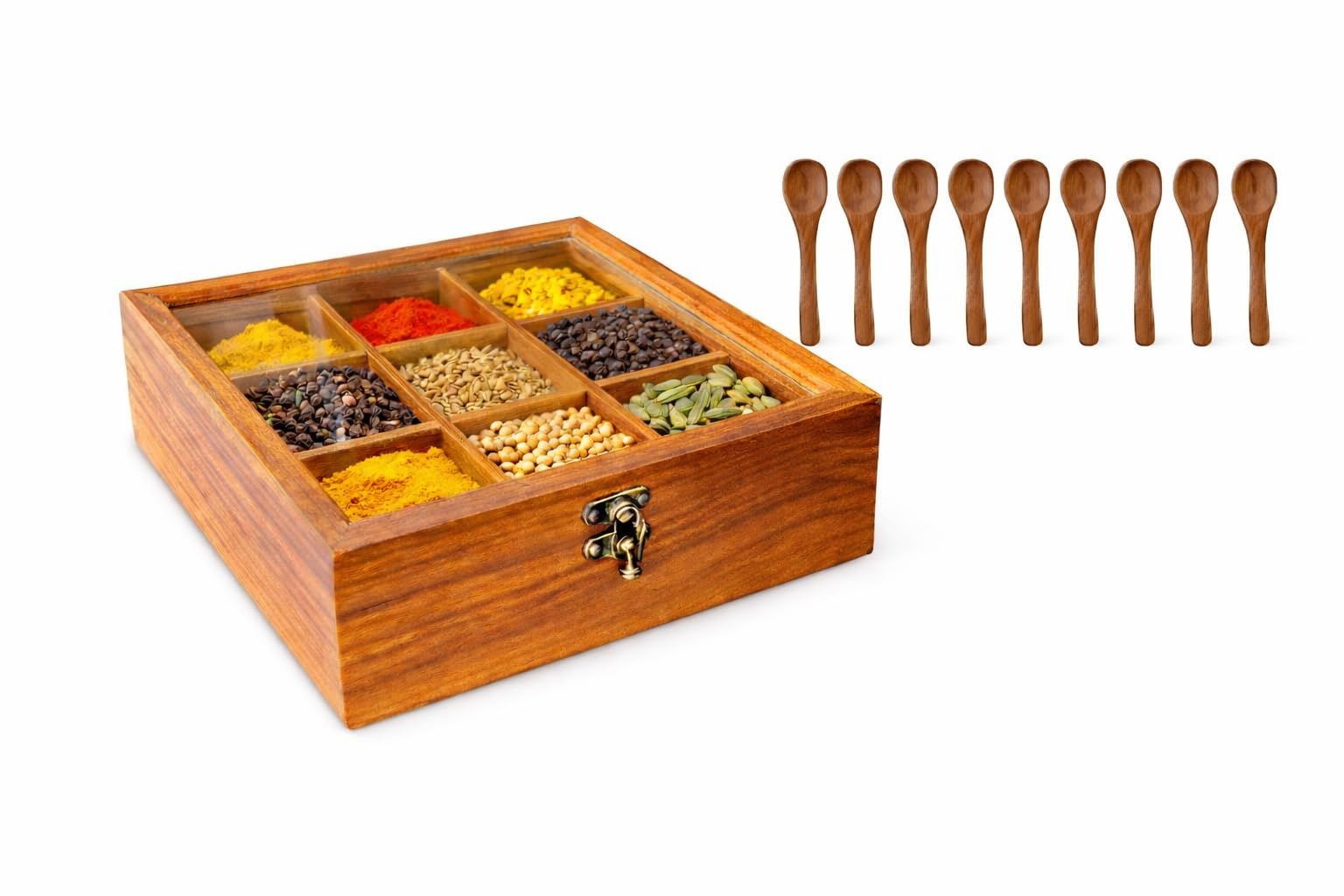Wooden Spice Box With Glass Lid, 9 Compartments, Includes 9 Wooden Spoons, Kitchen Storage Organiser