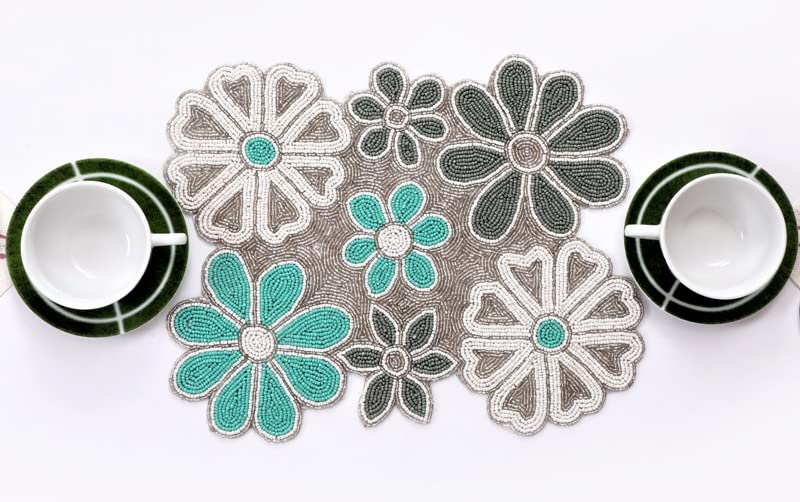AIVIK Handicrafted Beautiful Beaded Rectangular Table Mats14 INCH Turquise Dining Table Placemats Pack Of 1 Heat Resistant, Mach