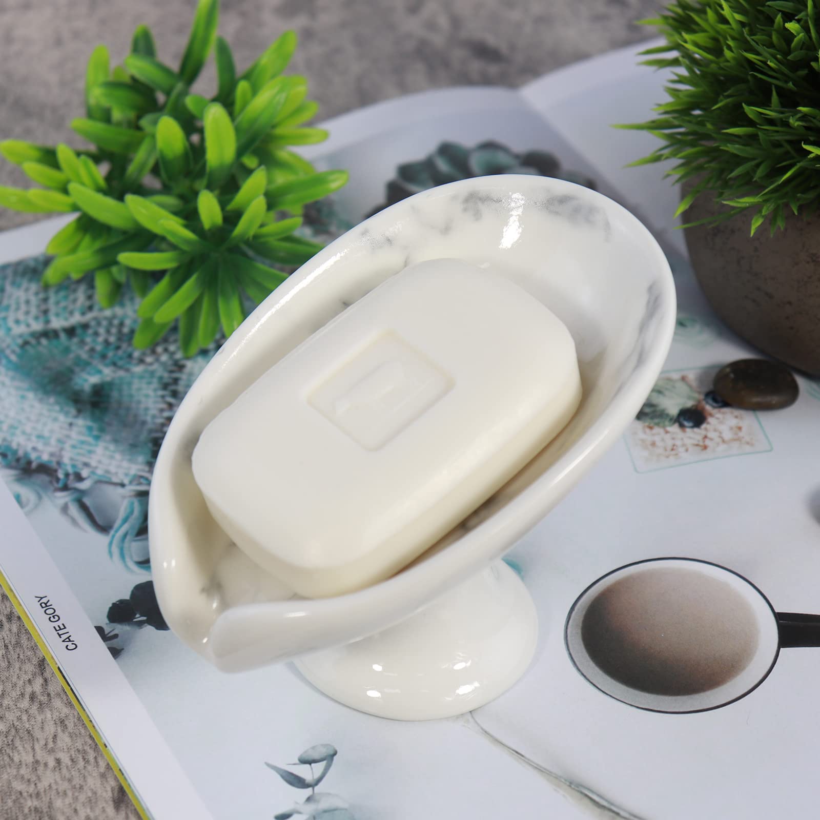Polyroyal Self-Draining Soap Dish White Marble Ceramic Soap Holder Stand Style Waterfall Soap Dish Soap Savers for Bar Soap  for Bathroom  for Shower  for Bar Counter