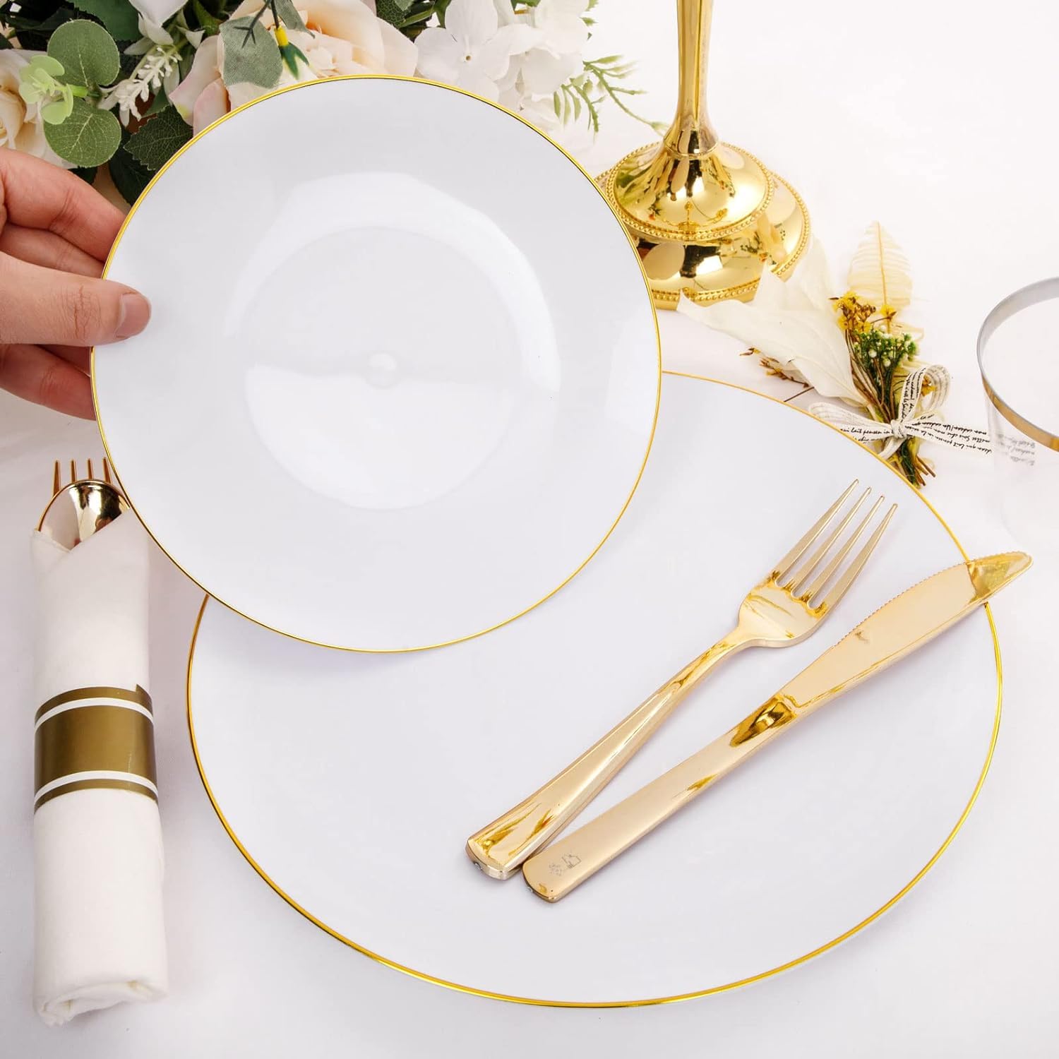Rubtlamp 140Pcs Thanksgiving Gold Plastic Plates, White Plates with Gold Rim, Disposable Thanksgiving Dinnerware Include 20Dinne