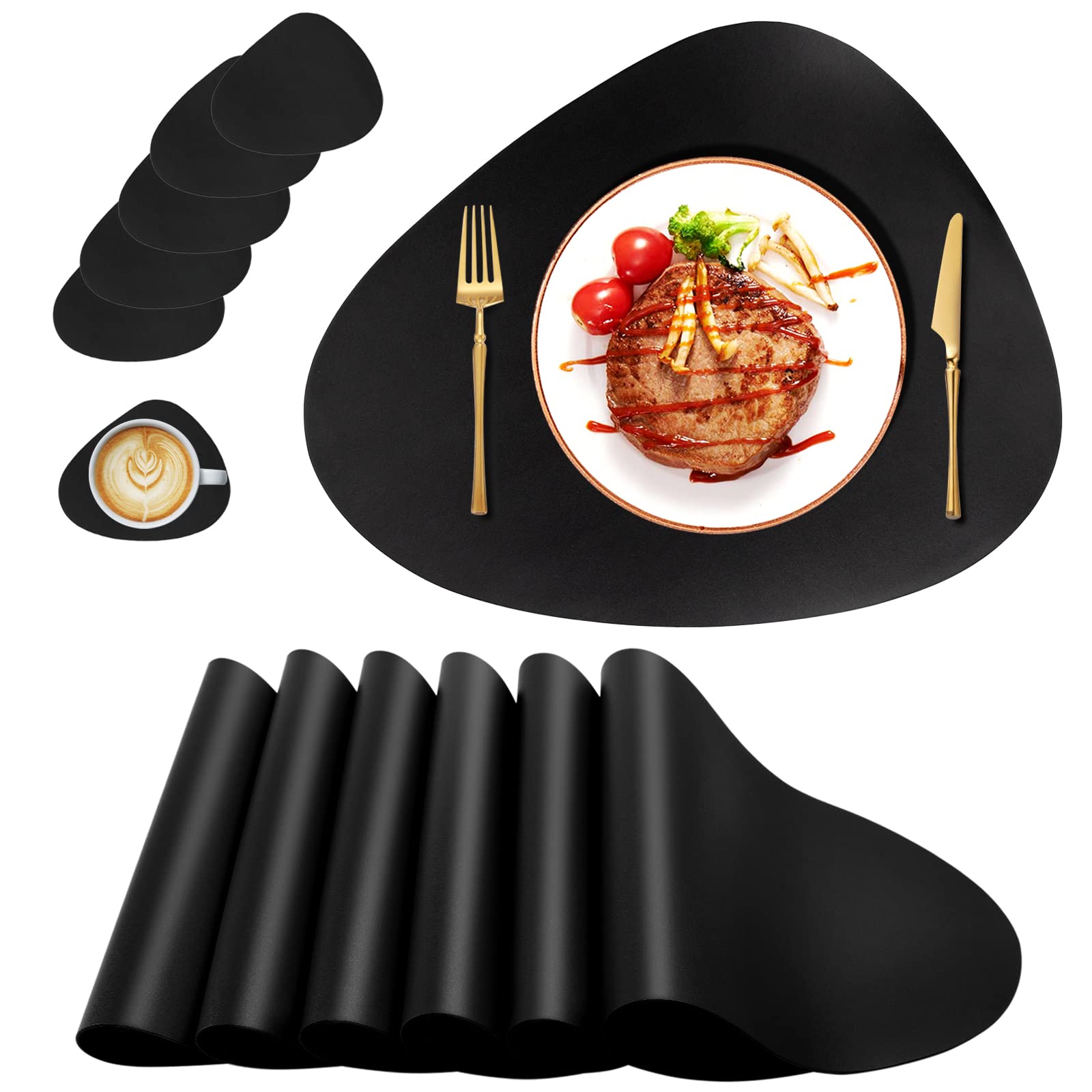 Placemats Set Of 6, Faux Leather Placemats With Coasters, Black Placemats, Heat Stain Scratch Resistant Waterproof Oil-Proof Was