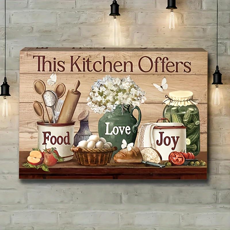 KACHI PENCIL Wooden Framed Kitchen Wall Art Farmhouse Rustic Kitchen Pictures Wall Decor Canvas Print Painting Modern Home Frame
