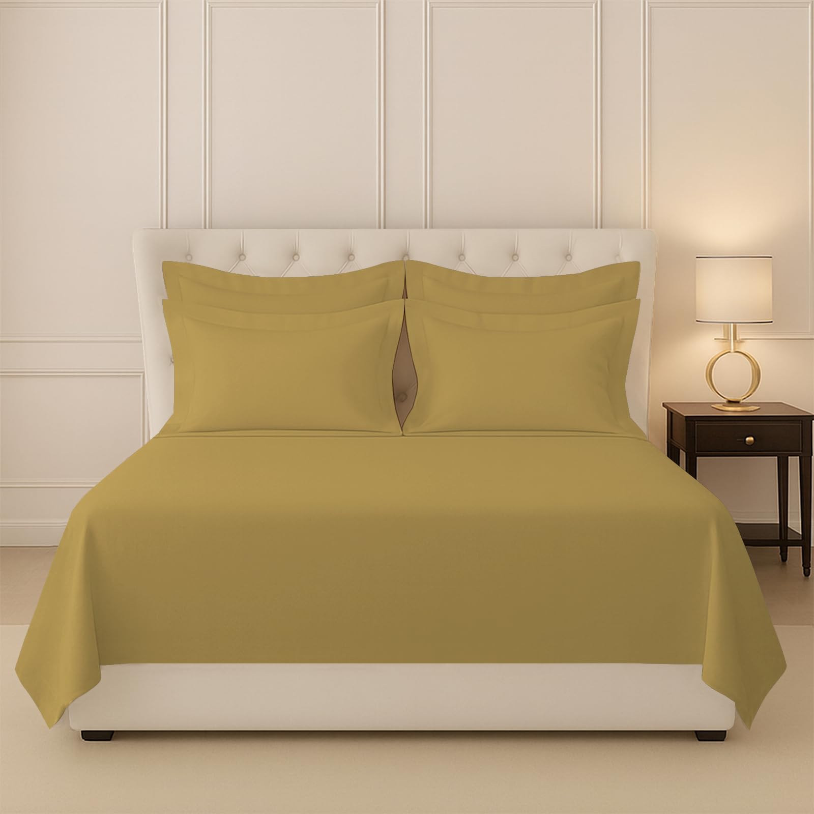 Pizuna 100% Cotton Bedsheet Super King Size Mustard Gold, 400 Thread Count Long Staple Combed Cotton Flat Bedsheets 108X108 Inch