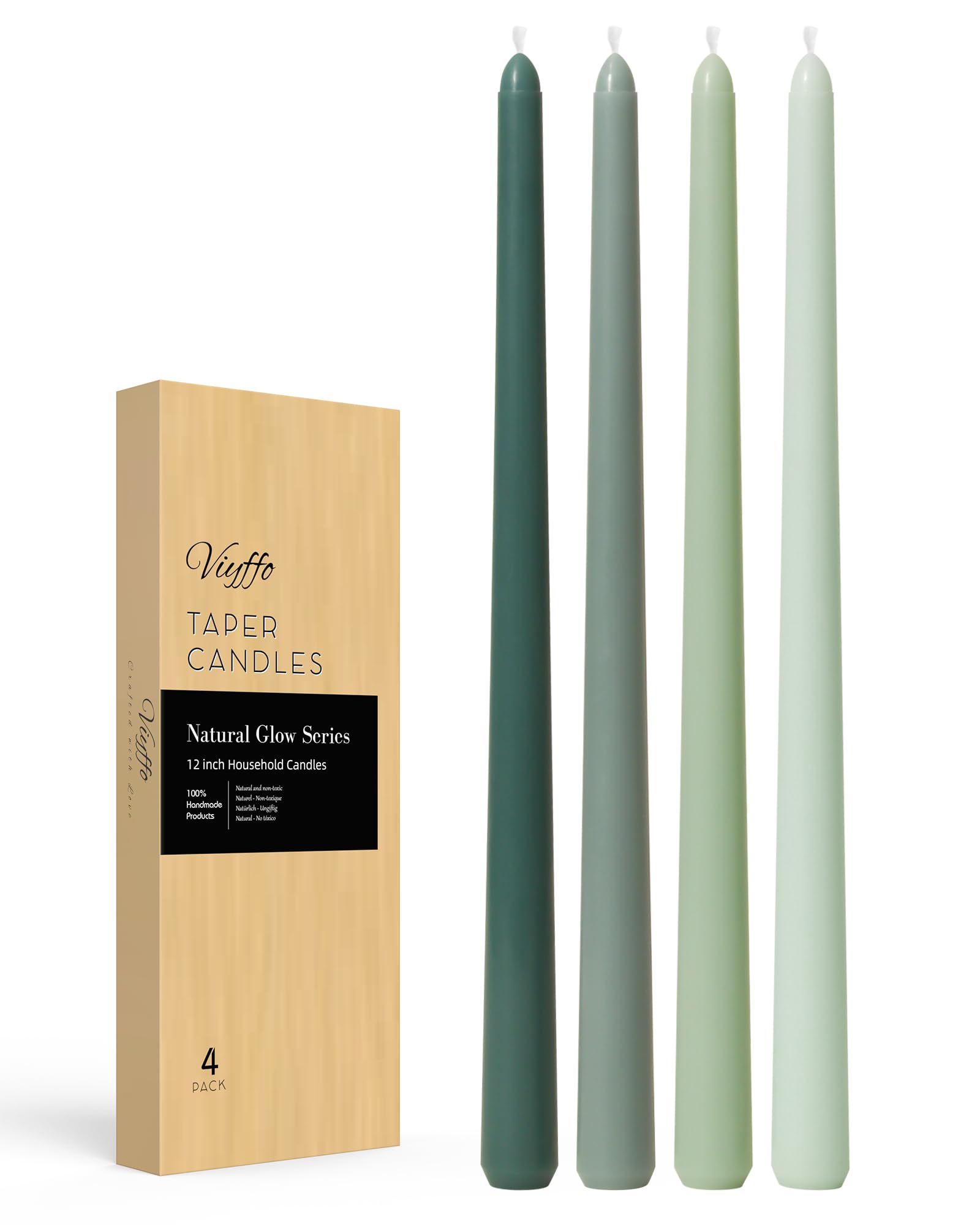 Viyffo Taper Candles 12 Inch Green Set of 4 Unscented, Dripless, Smokeless Long Tall Tapered Candlesticks Wedding Advent Home De
