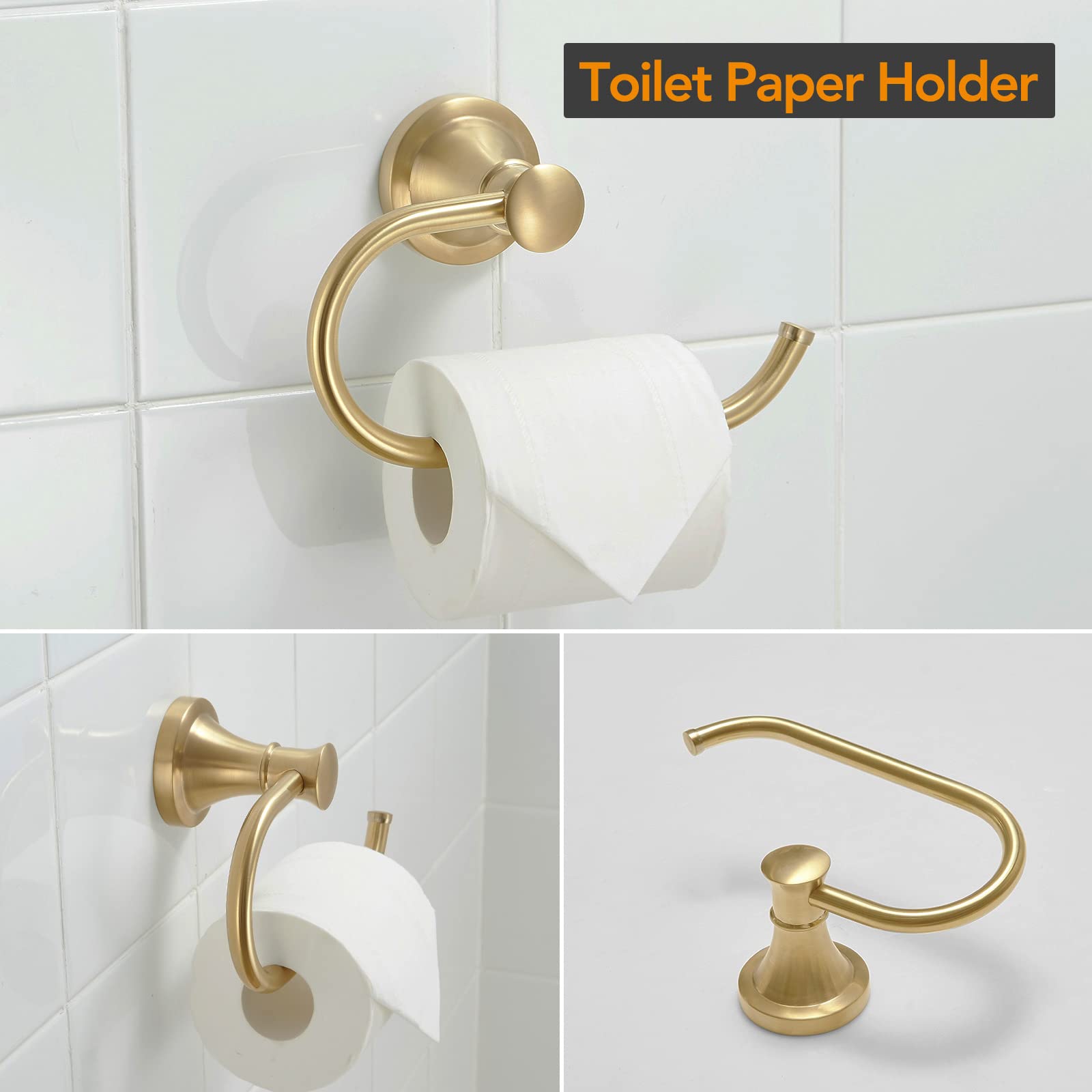 BESy Brushed Gold 4 Piece Bathroom Accessories Set (Single Towel Bar  Towel Ring  Toilet Paper Holder  Double Towel Hooks)  Wall Mounted Bath Hardware Accessory Fixtures Set