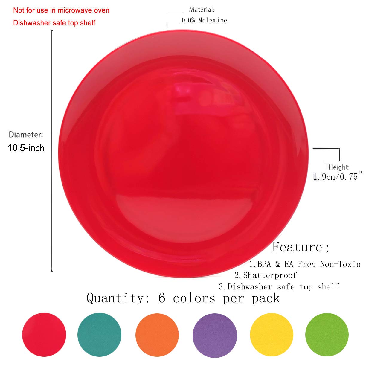 Koxin-Karlu Melamine Plates, 10.5-Inch Dinner Plates Dinnerware Dish, Set Of 6 In 6 Assorted Colors | 100% Melamine, Dishwasher