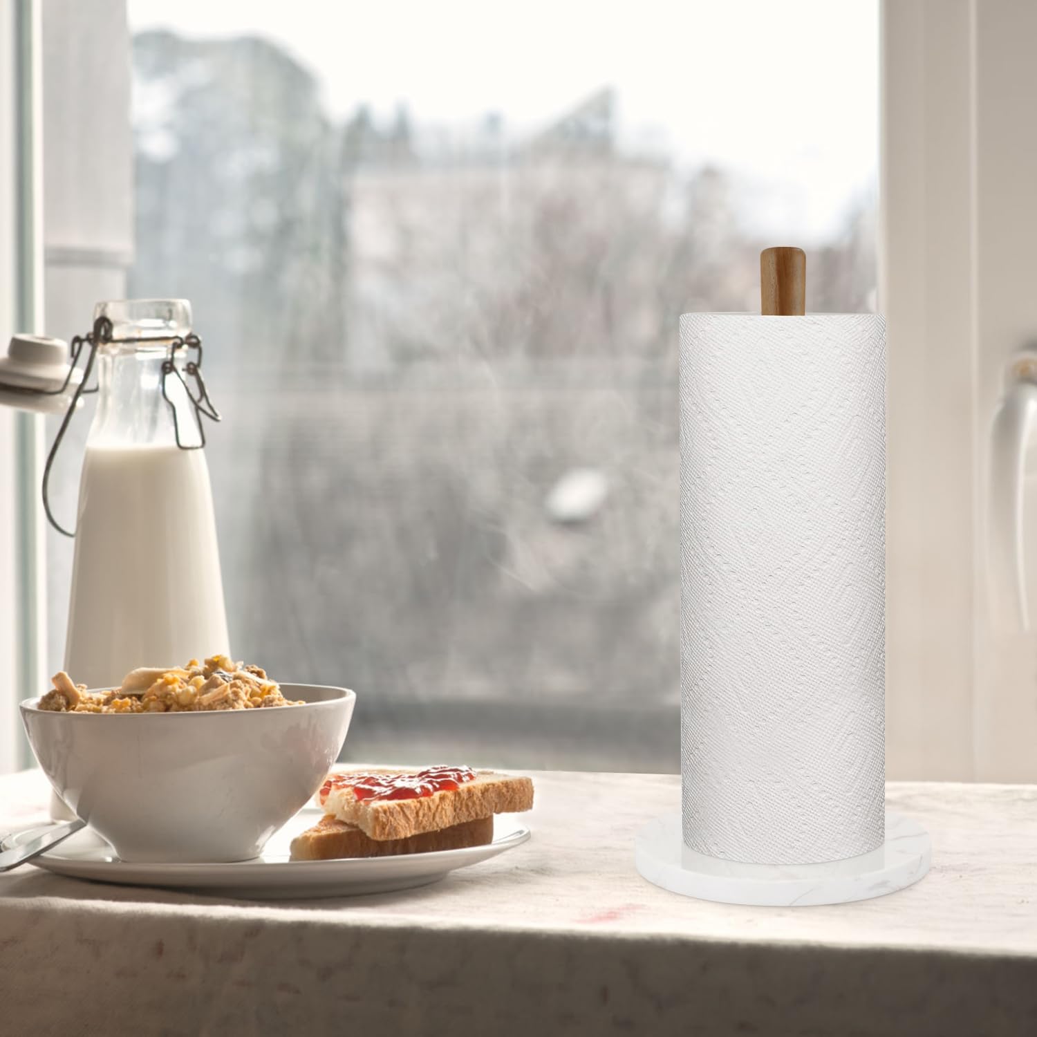 Buruis Wood Paper Towel Holder, Marble Base Modern Decorative Countertop Standing Rolls Holder For Kitchen, Toilet, Pantry And B
