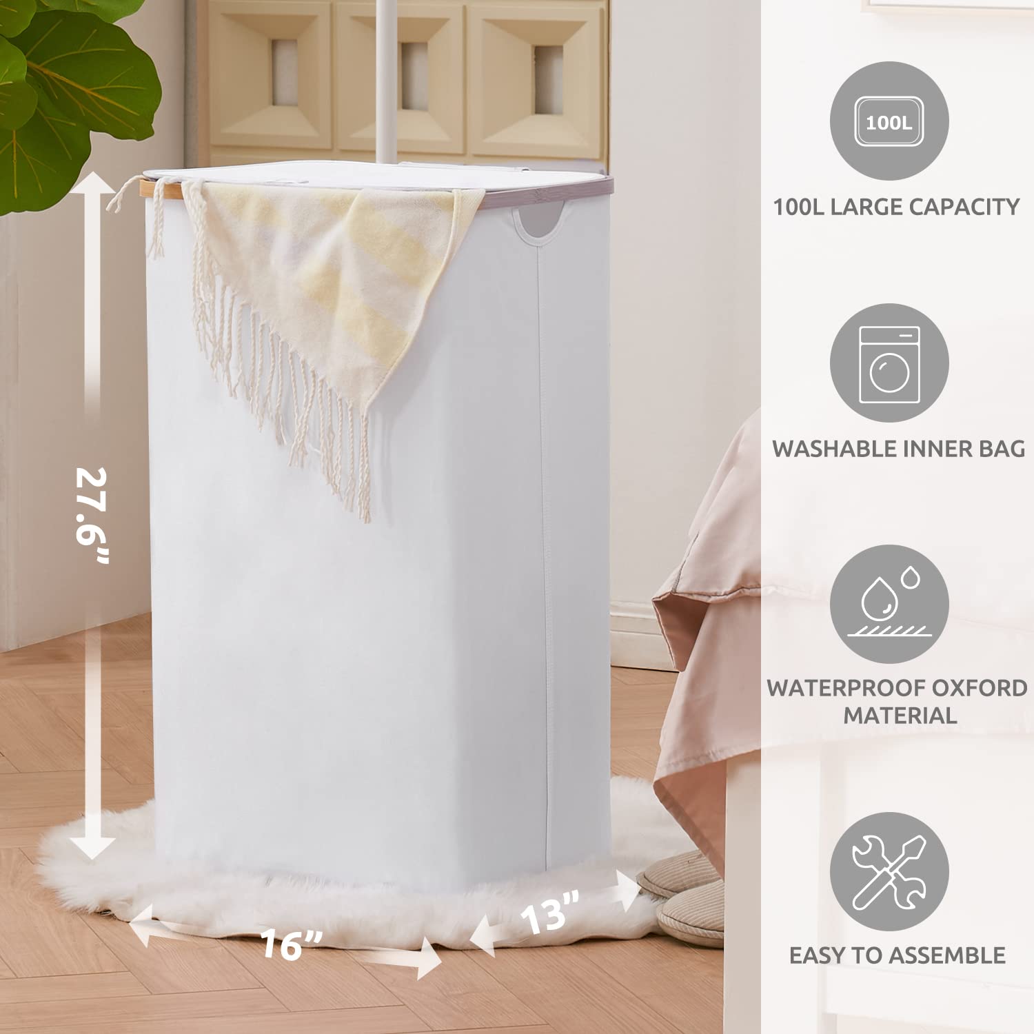 100L Large Laundry Hamper With Lid And Liner Bag, 27.6'' Tall Laundry Basket With Handle, Waterproof And Collapsible Cloth Hampe