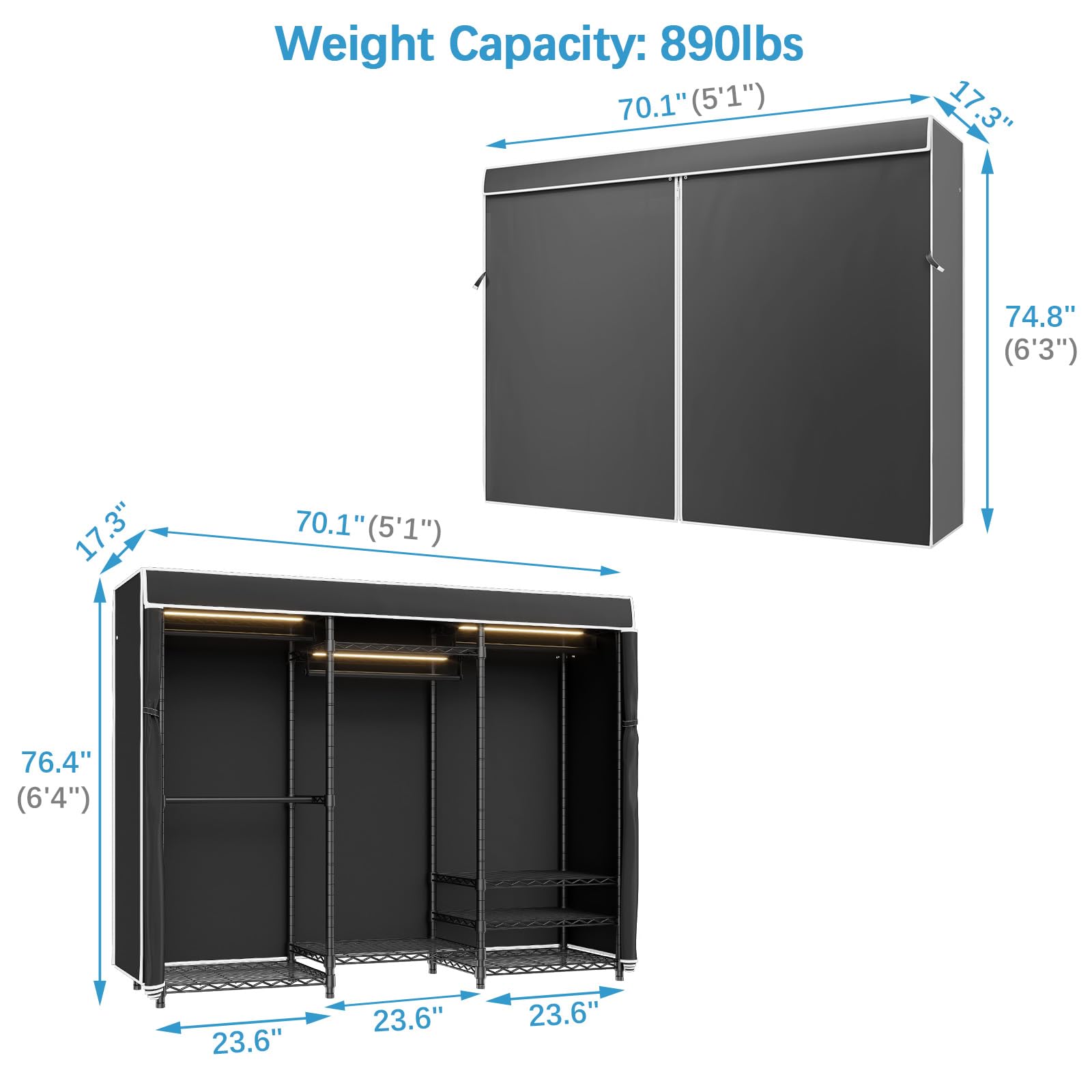Vipek V5L Garment Rack Heavy Duty Covered Clothes Rack With Dimmable Led Lights, 3000K Warm White, Portable Closet Wardrobe Free