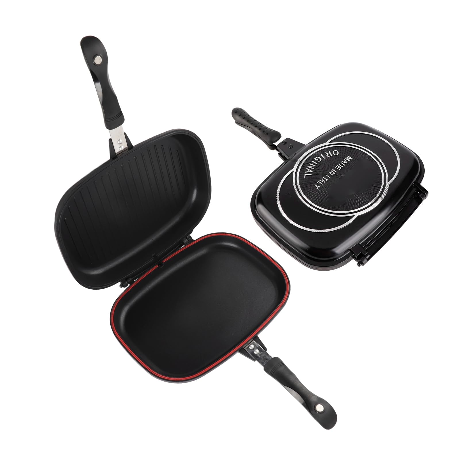 Portable Grill Pan Double Sided Frying Pan 32cm 12.6in with AntiBurn Handle Black