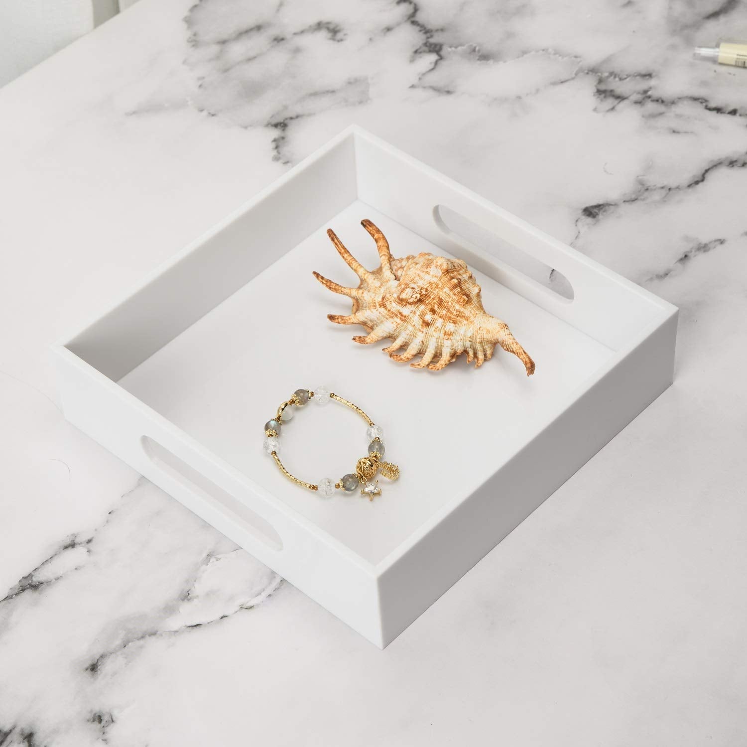 Kevlang White Sturdy Acrylic Tray With Handles-8X8 Inch- Countertop Organizer Tray For Kitchen,Bathroom,Office- Storage Box For