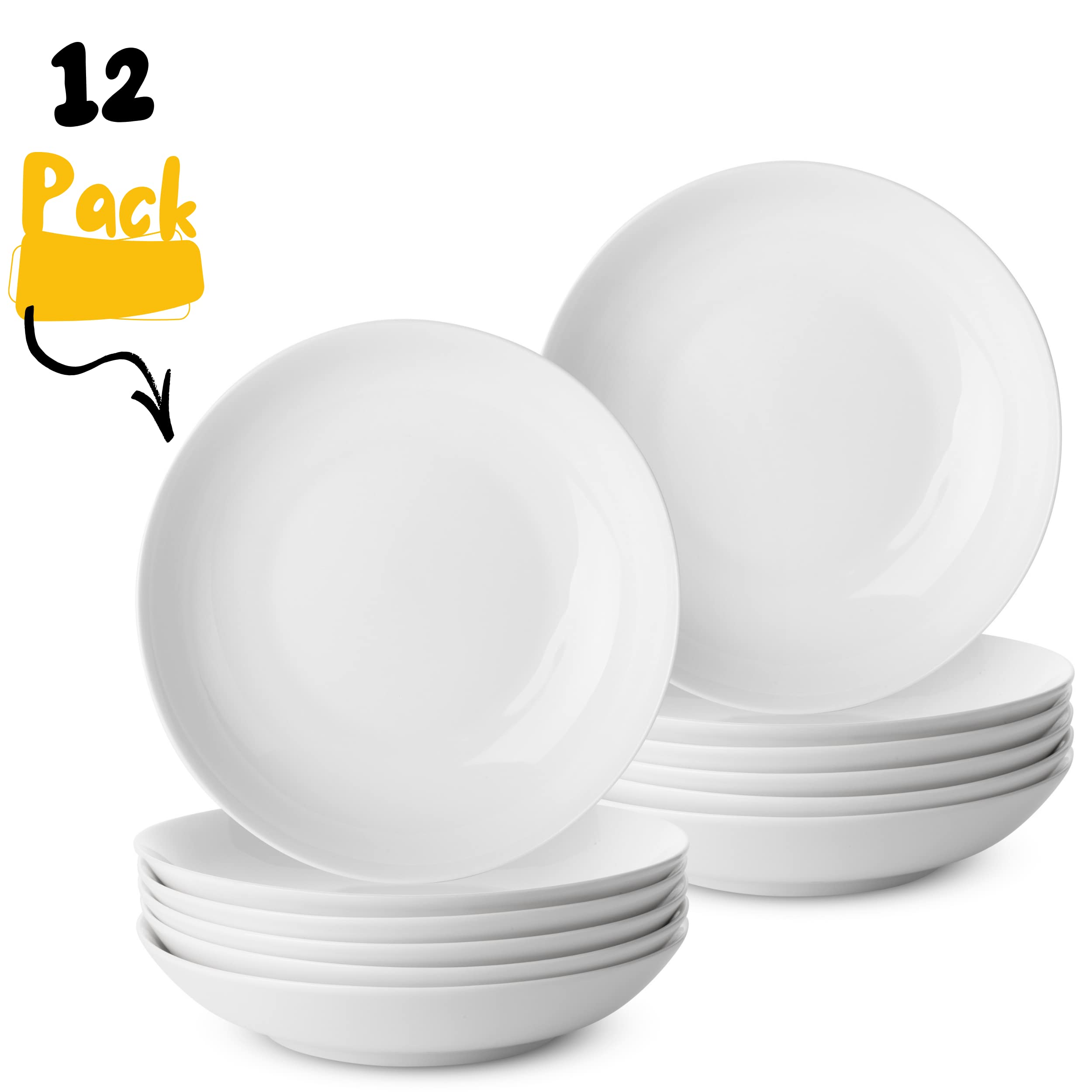 Btat- Porcelain Pasta Bowls, 12 Pack, 8 Inch, Pasta Bowl Set, Pasta Plate Bowls, White Bowls, Dinner Bowls, White Pasta Bowls, P