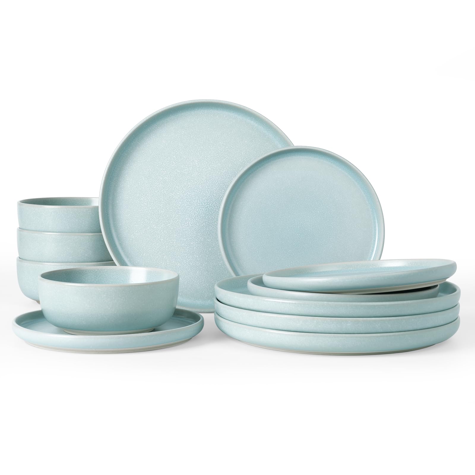 Famiware Milkyway Plates and Bowls Sets, 12 Pieces Dinnerware Sets, Reactive Glaze Dish Set, Stoneware Dishes Set for 4, Light B