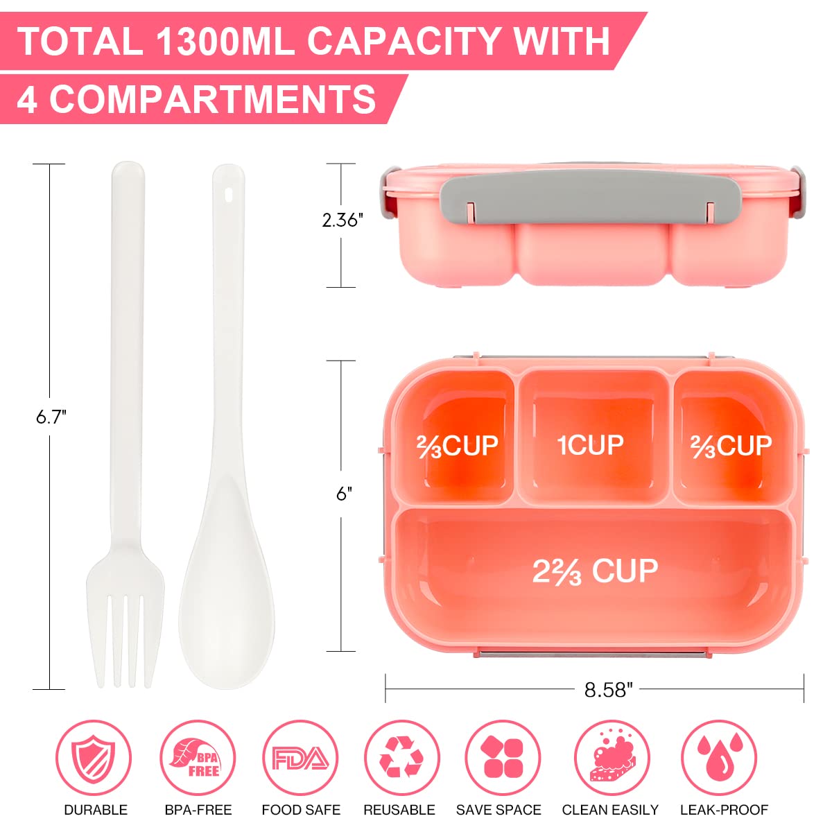 Xianke 27Pcs Bento Box Lunch Box Kit, 1300Ml Lunch Container For Kids/Adults, Leak-Proof Box 4 Compartments With Utensils Spoon