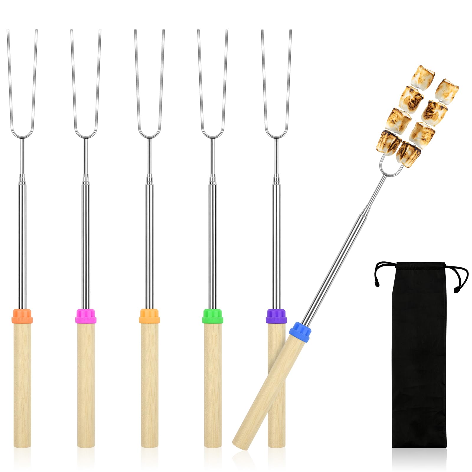 6 Pack Smores Sticks, 32 Inch Marshmallow Roasting Sticks for Fire Pit, Extendable Roasting Skewers with Bag, Hot Dog Fork, Smor