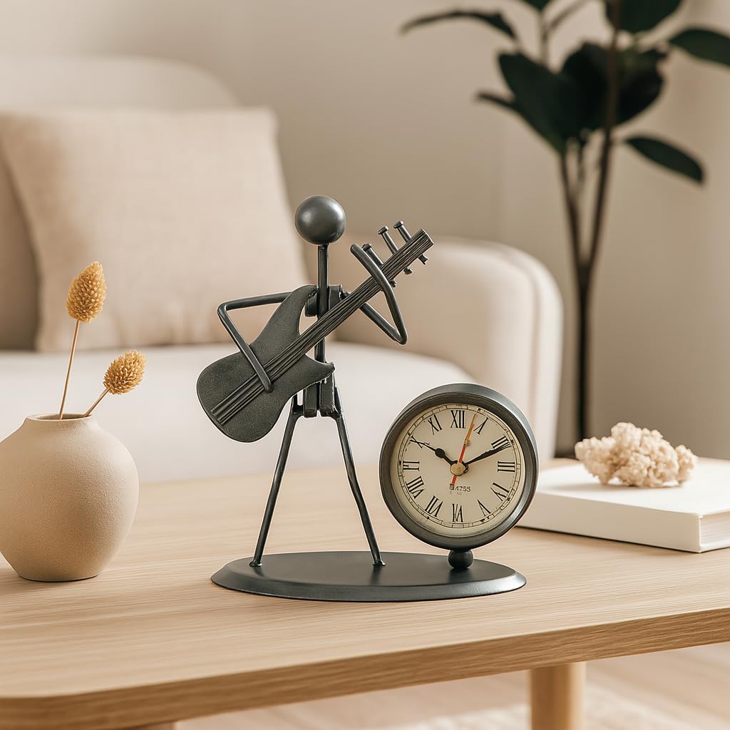 Xtore Rock And Roll Metallic Table Clock With Electric Guitar Player Design - (Pack Of 1, Grey)