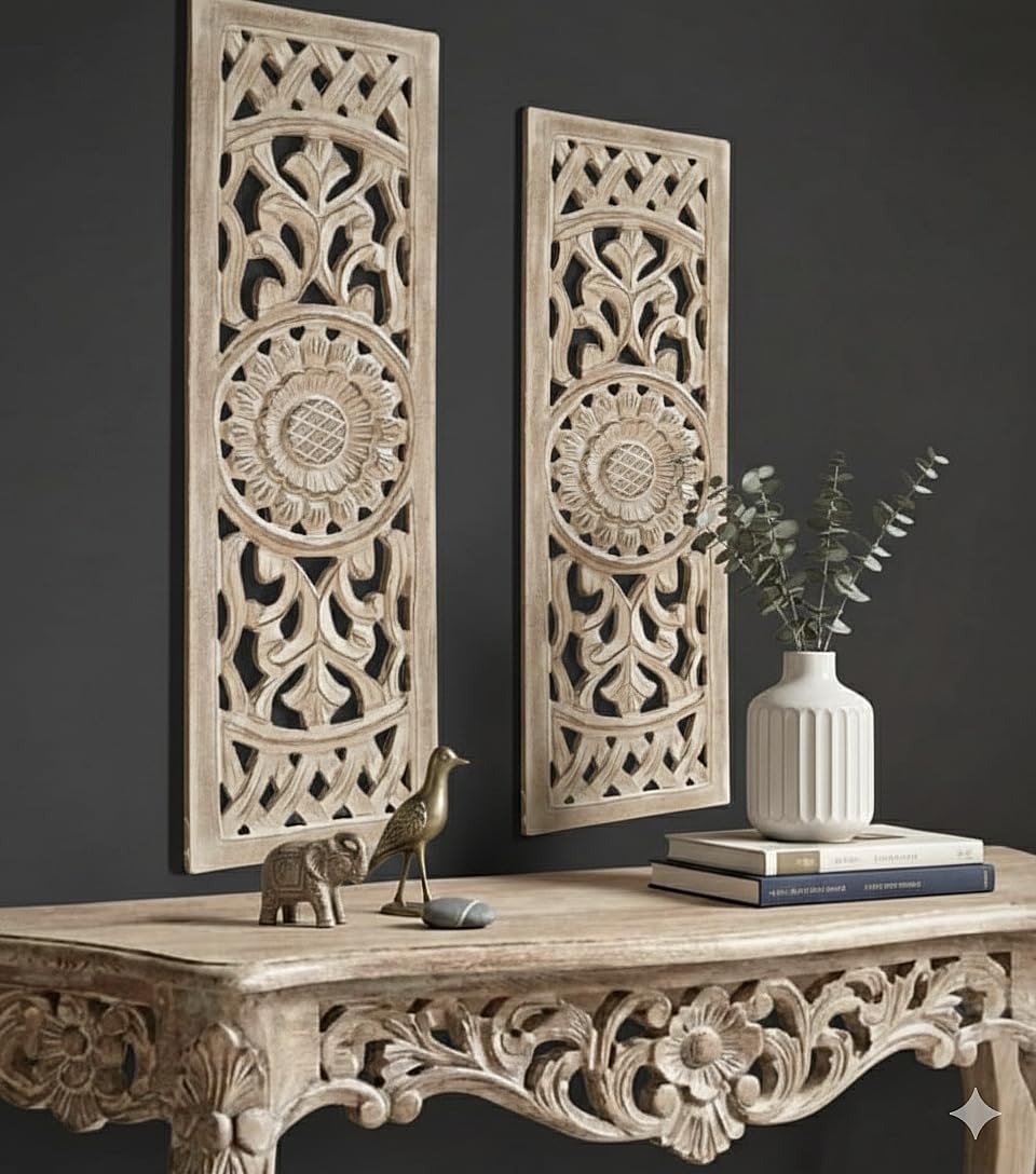 Wall Panel, Wall Art Royale Palace Mehraab Window Style, Handcarved Panels Set Of 3 Small Size, Wall Decor For Living Room, Bedr