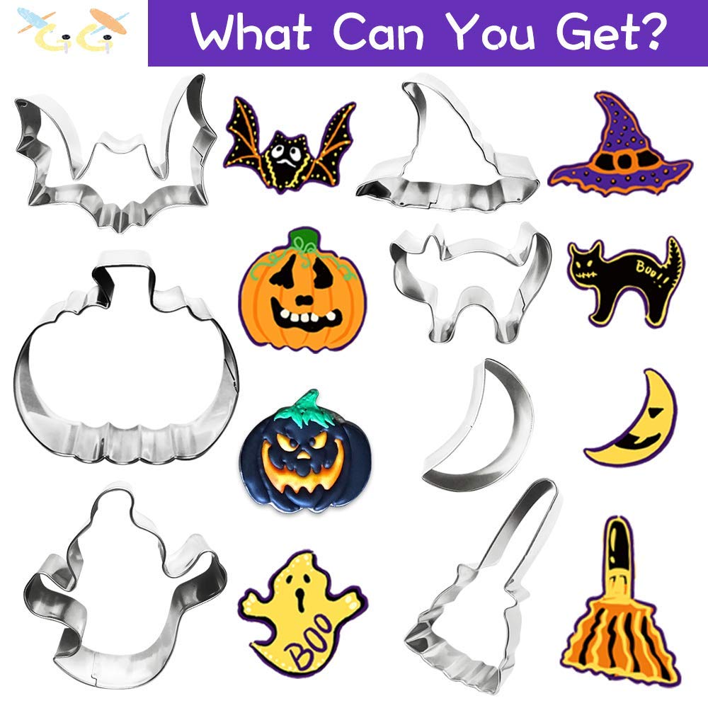 Xgigix Halloween Cookie Cutter Set- 7 Pcs Large Stainless Steel Cookie Cutters Mold For Making Pumpkin, Bat, Ghost, Witch Hat, C